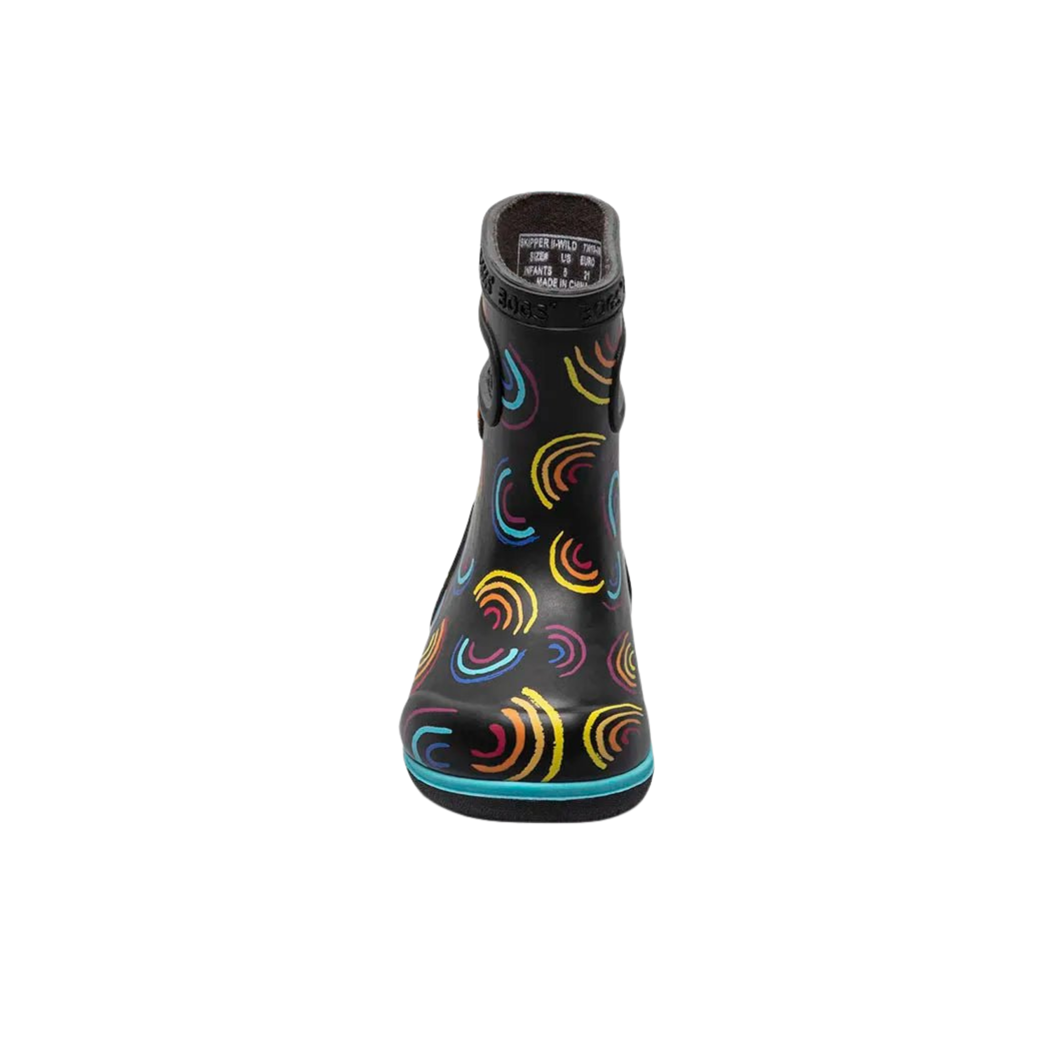 Front view of BOGS Skipper II waterproof toddler boots in Wild Rainbows design