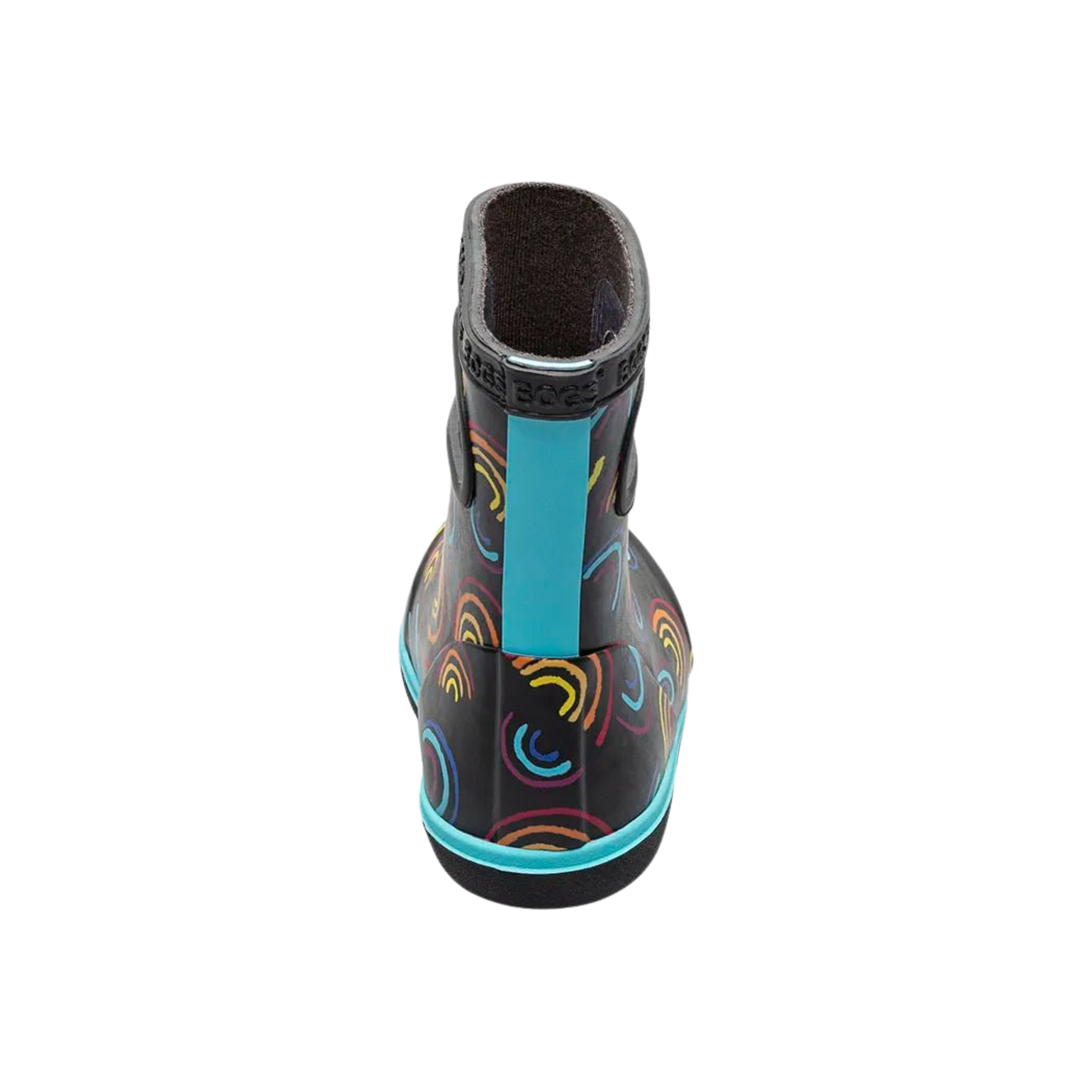 Rear view of BOGS Skipper II toddler boots in Wild Rainbows design, showing easy pull-on handles