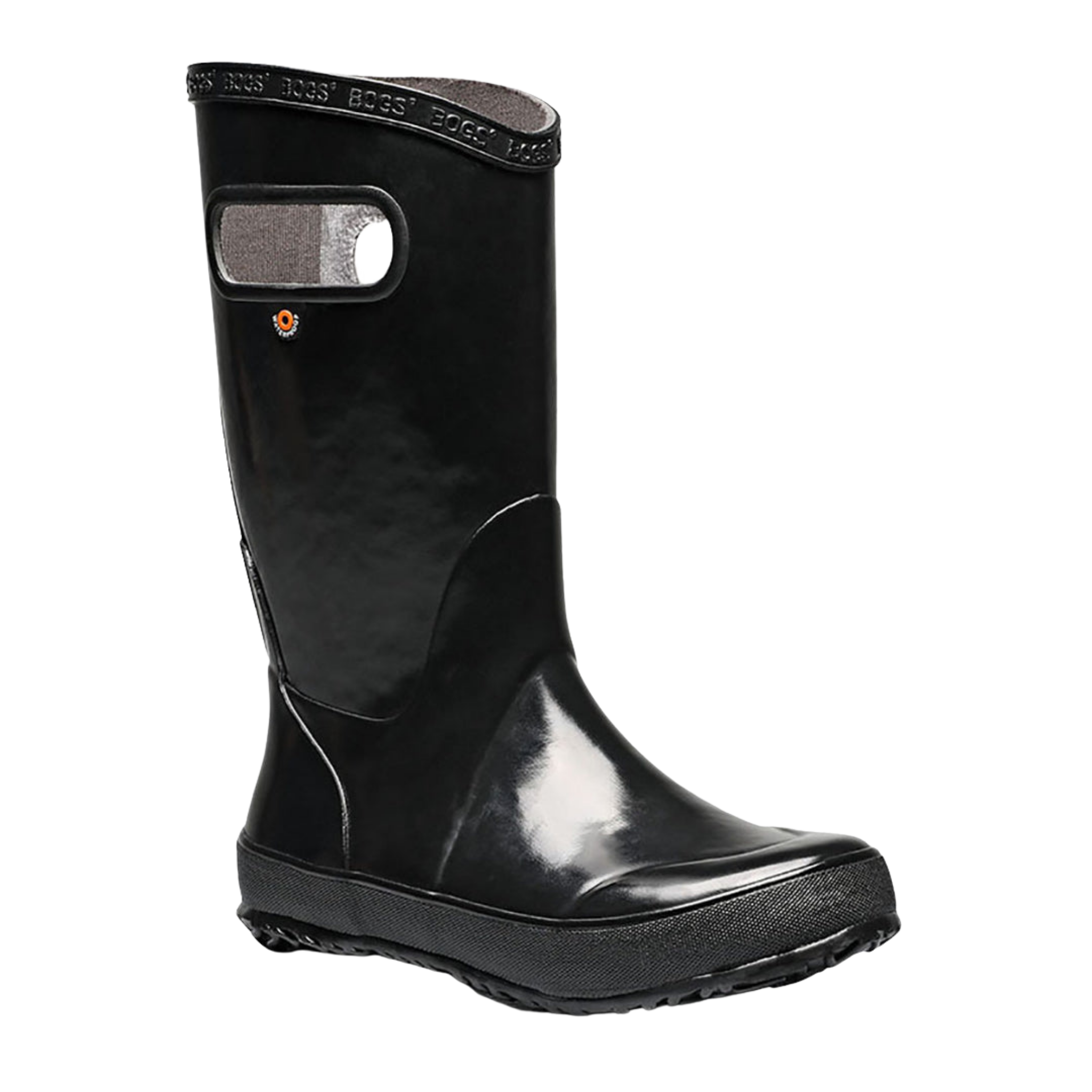 Side profile of BOGS waterproof rain boots in Black with flexible rubber construction
