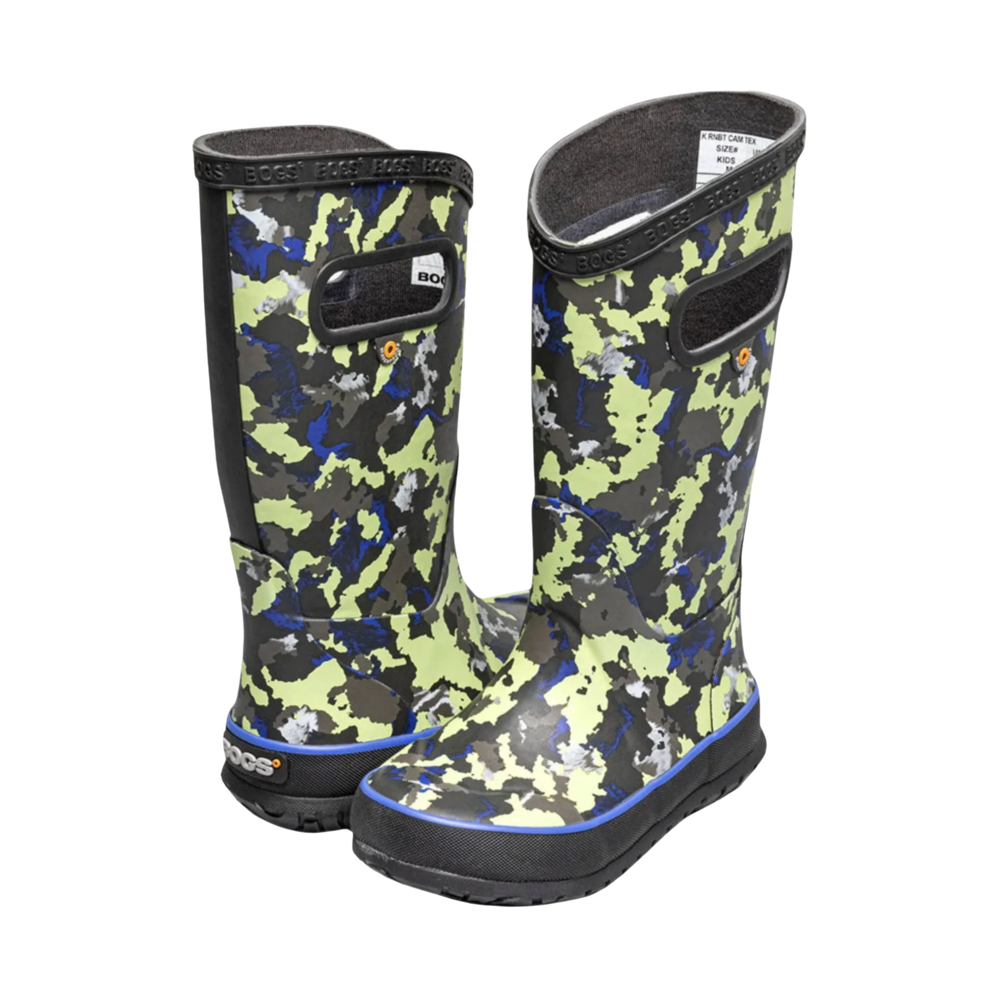 BOGS waterproof rain boots in Camo/Black Multi design for kids in Whistler