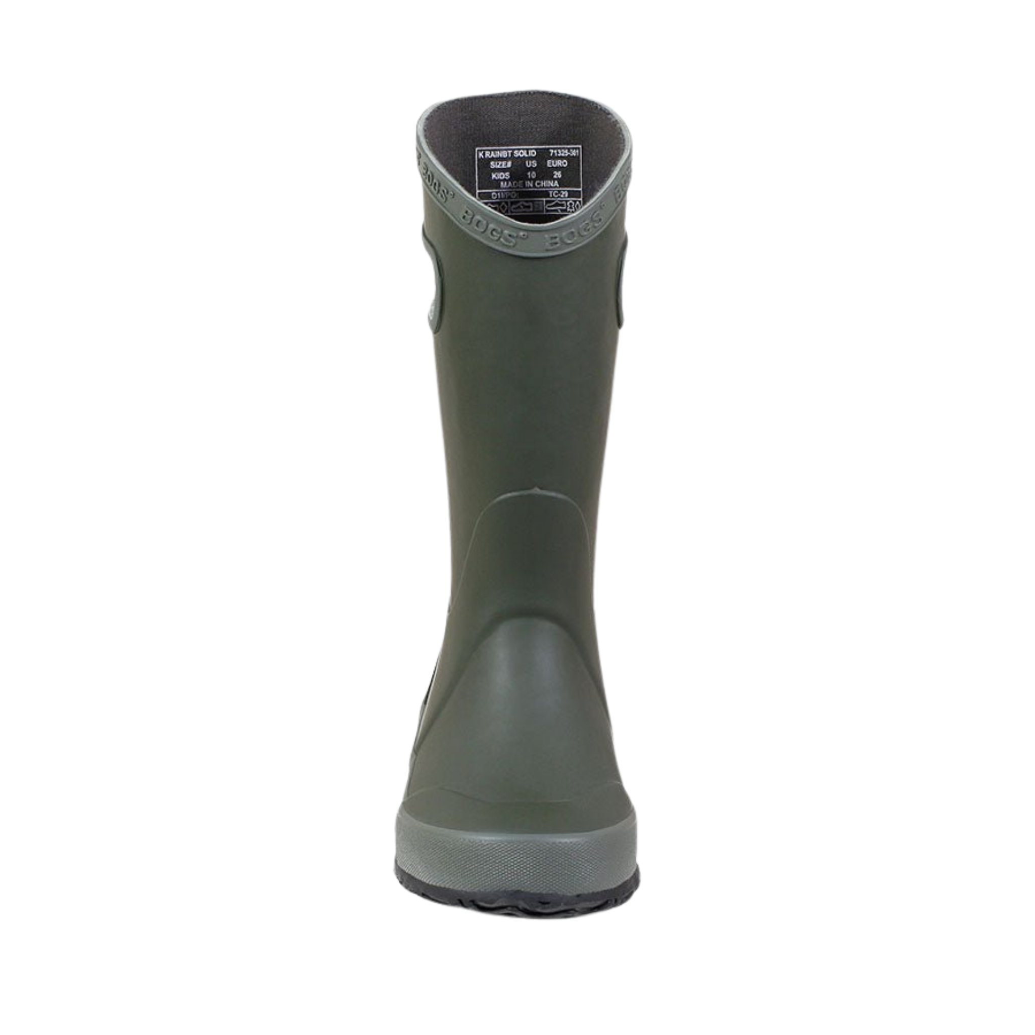 Front view of Dark Green BOGS waterproof kids rain boots