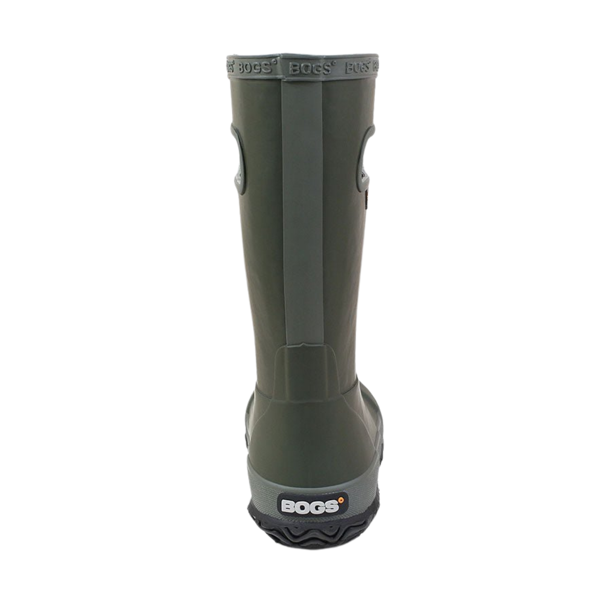 Rear view of Dark Green BOGS waterproof rain boots showing the heel and back design