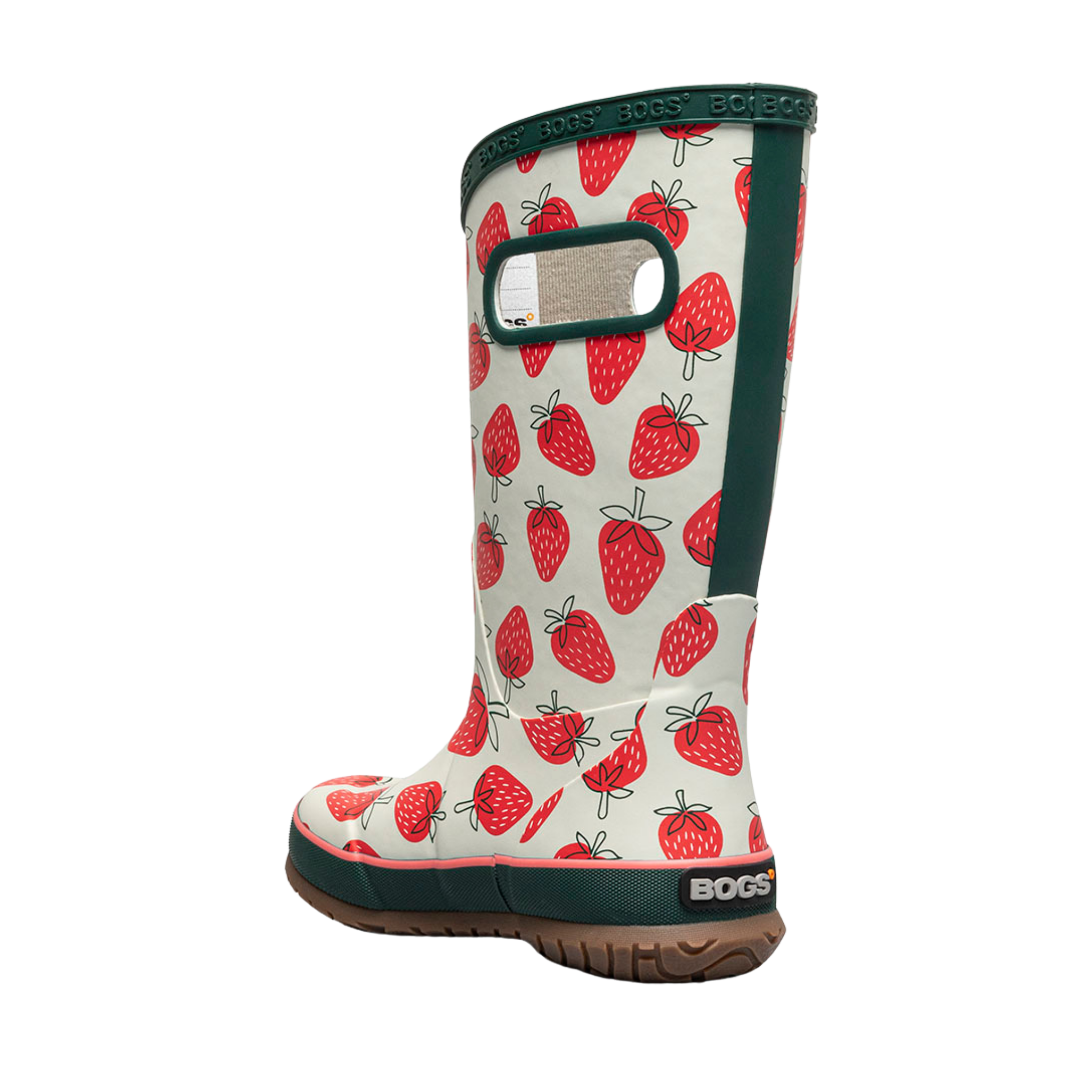Rear view of BOGS waterproof rain boots in Strawberries/Moss Multi showing the heel and back design 
