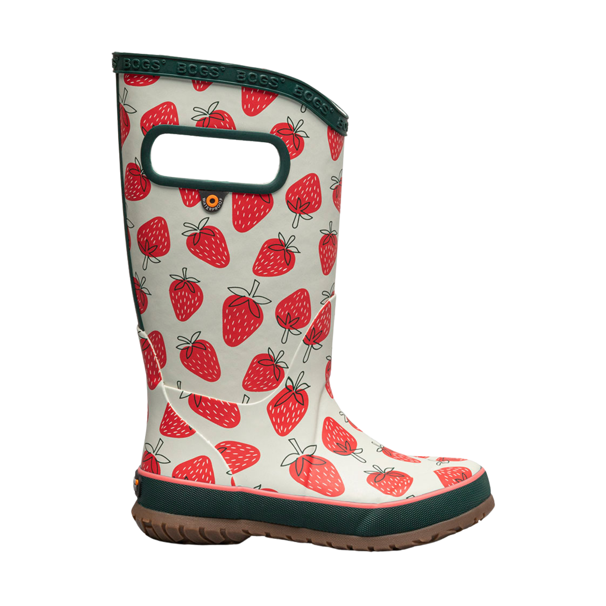 Side profile of BOGS waterproof rain boots in Strawberries/Moss Multi design with flexible rubber construction