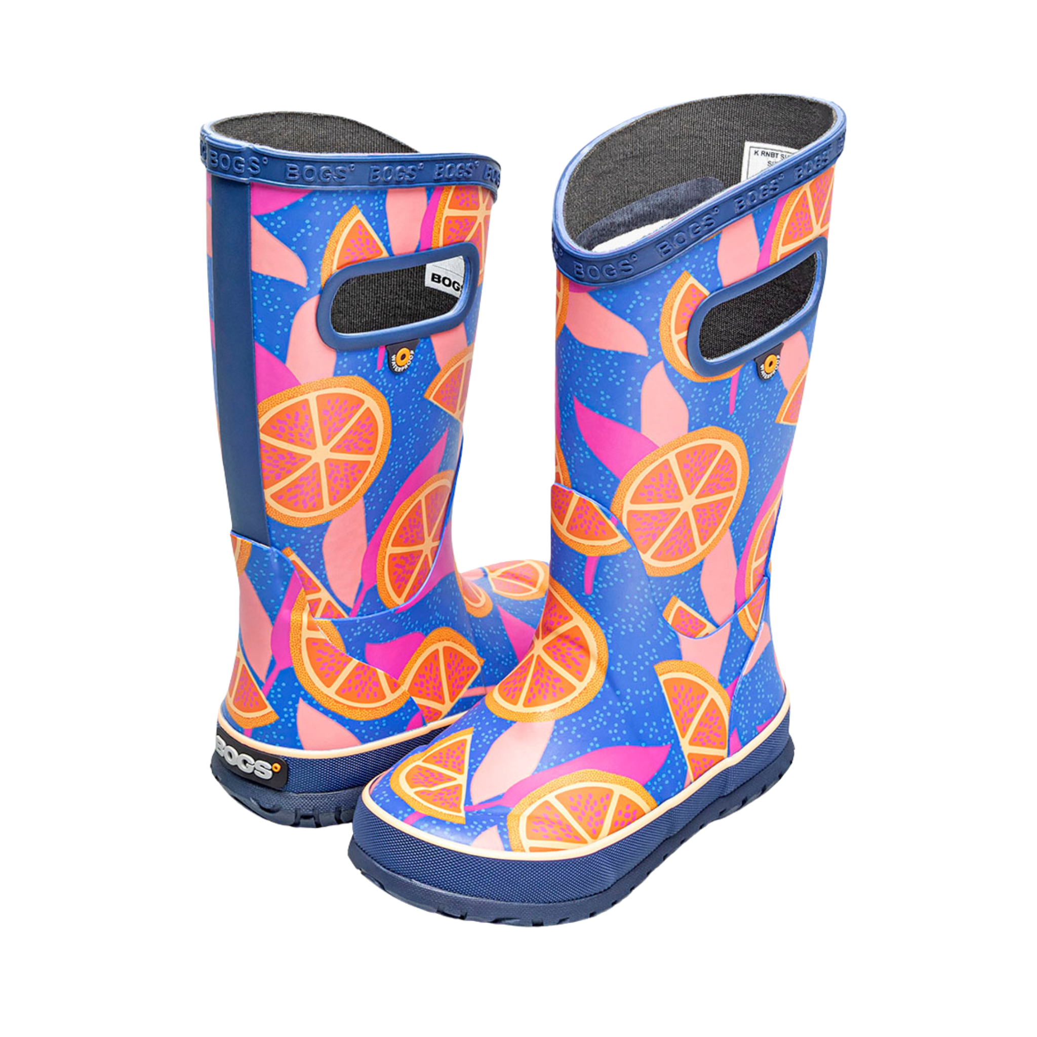 BOGS waterproof rain boots in Summer Fruit/Blue Multi design for kids in Whistler