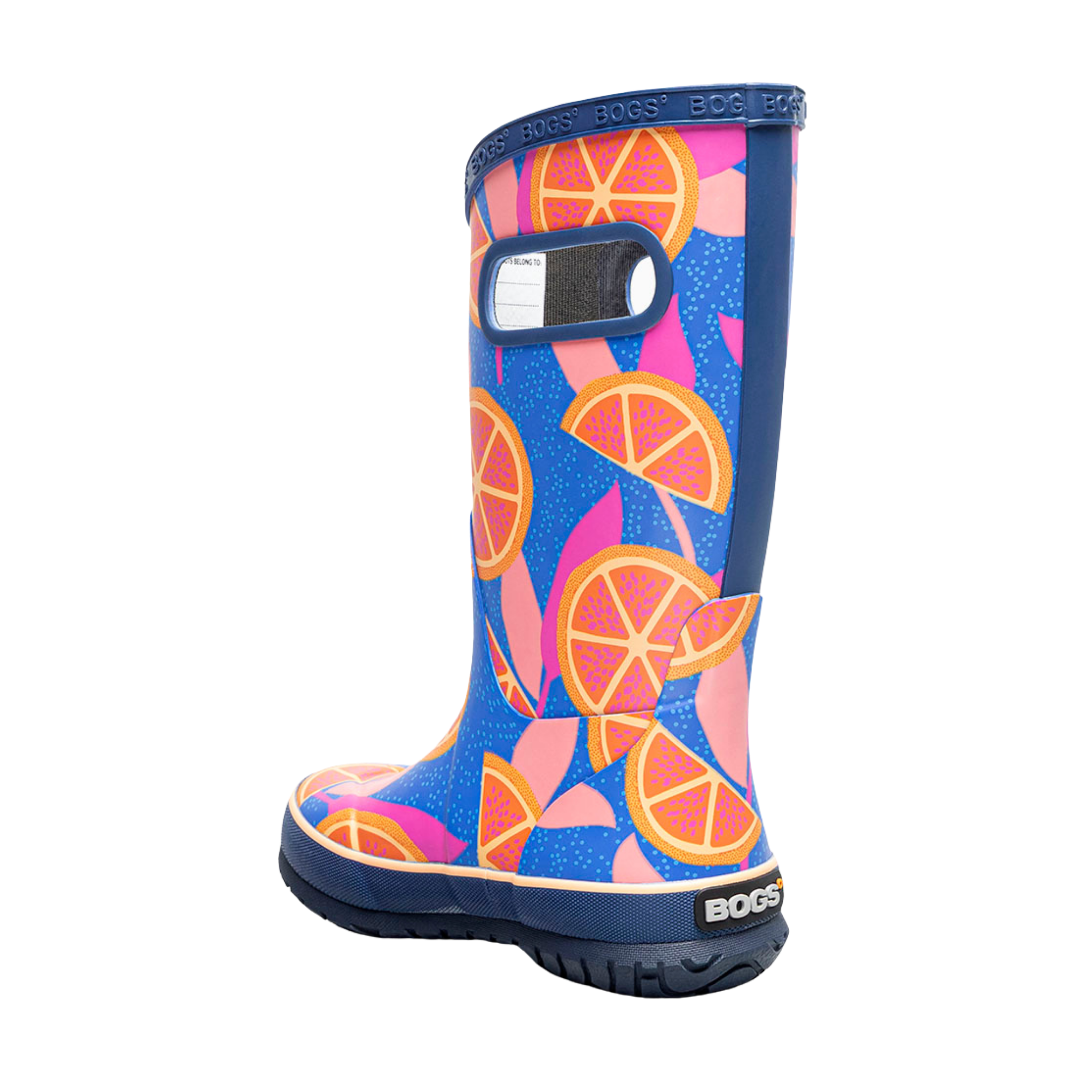 Rear view of BOGS waterproof rain boots in Summer Fruit/Blue Multi  design, showing the heel and back design