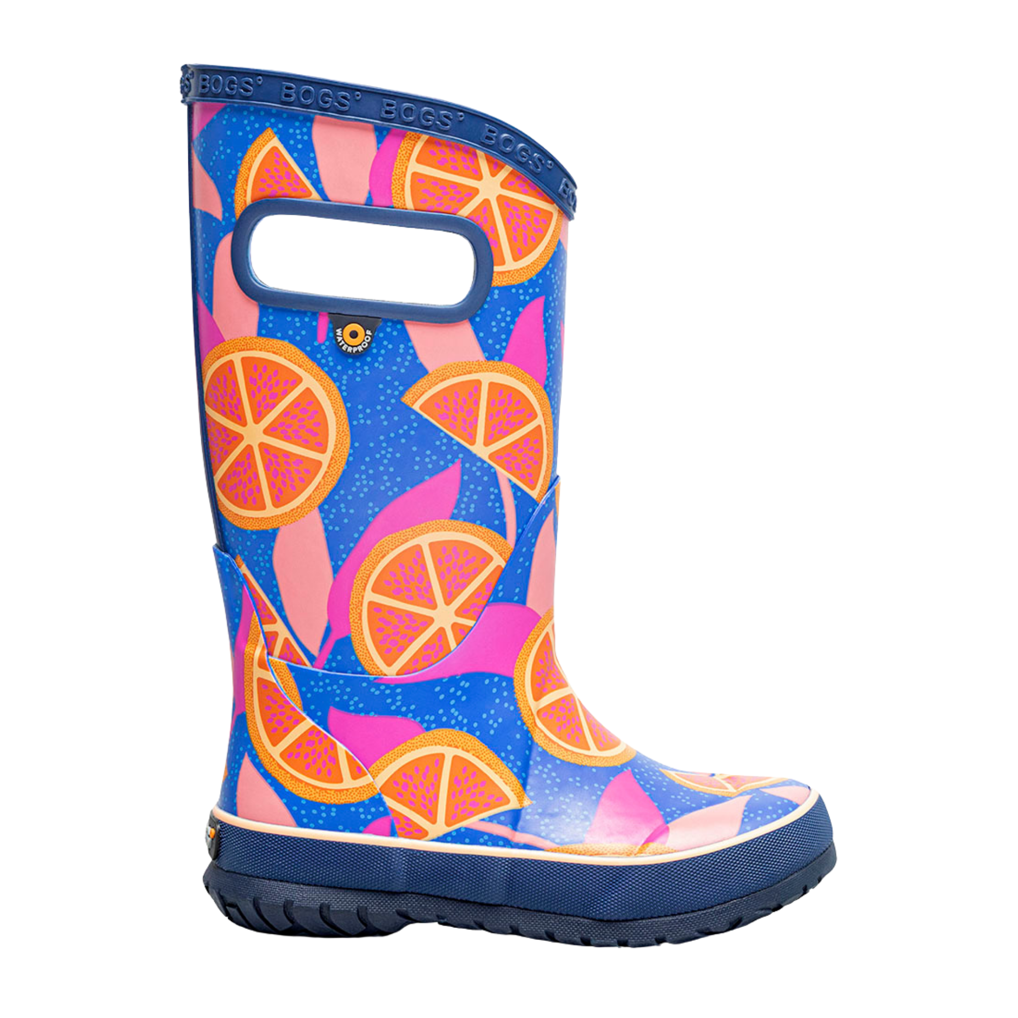 Side profile of BOGS waterproof rain boots in Summer Fruit/Blue Mutli design with flexible rubber construction