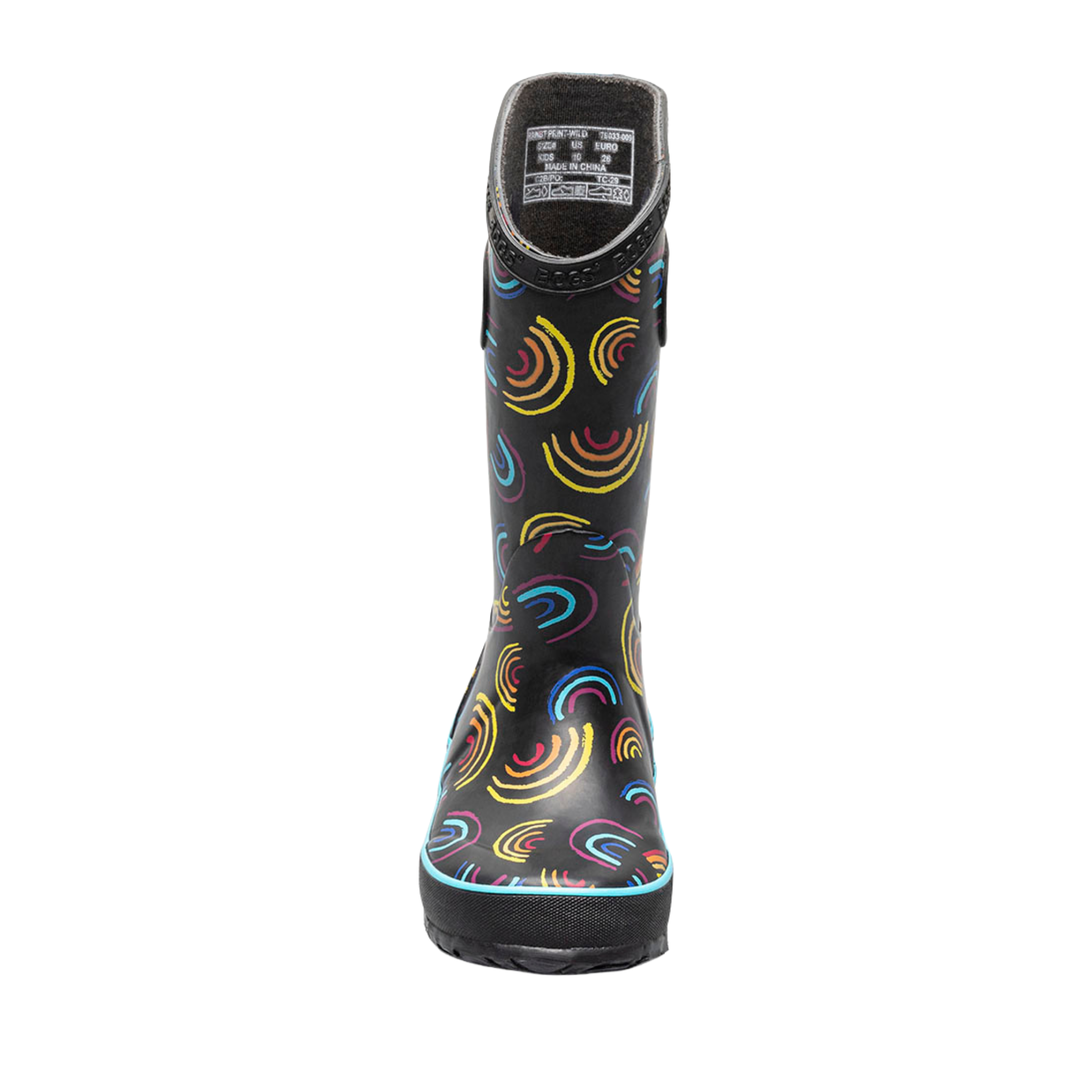 Front view of BOGS waterproof kids rain boots in Wild Rainbow