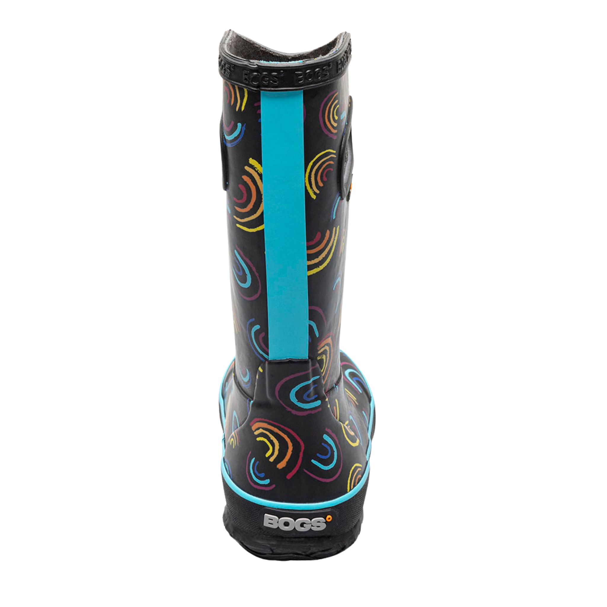 Rear view of BOGS waterproof rain boots in Wild Rainbow showing the heel and back design