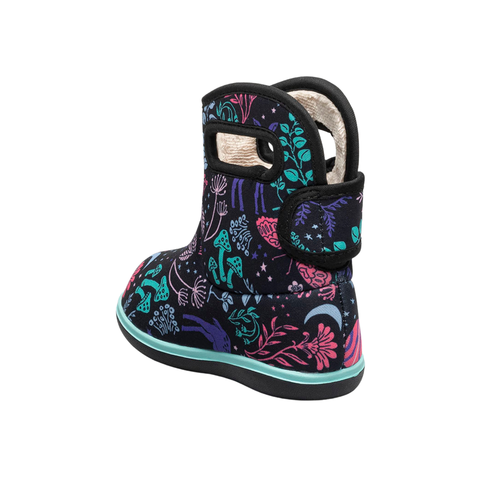 Rear view of BOGS waterproof rain boots in Cosmic Forest showing the heel and back design