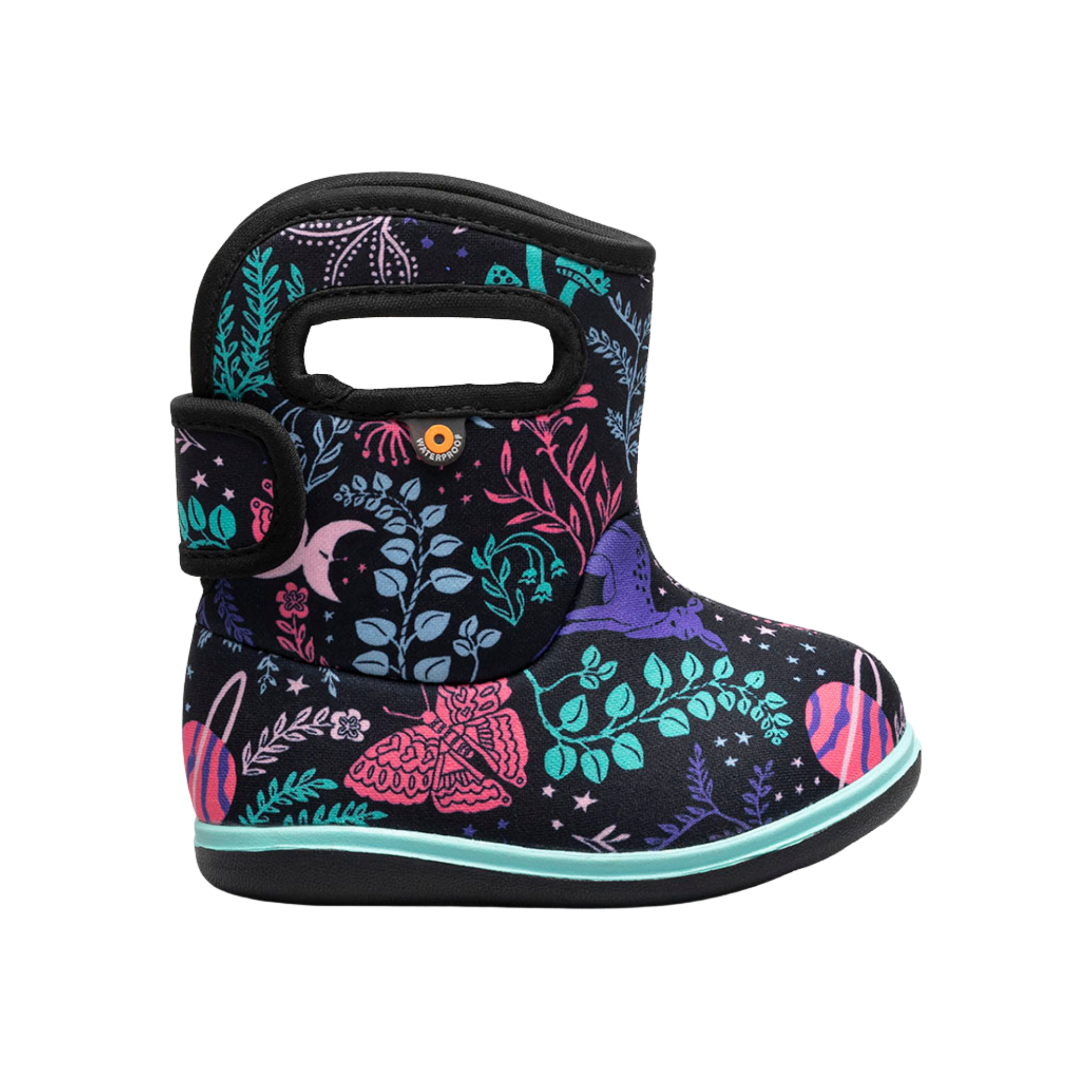Side profile of BOGS waterproof rain boots in Cosmic Forest design with flexible rubber construction