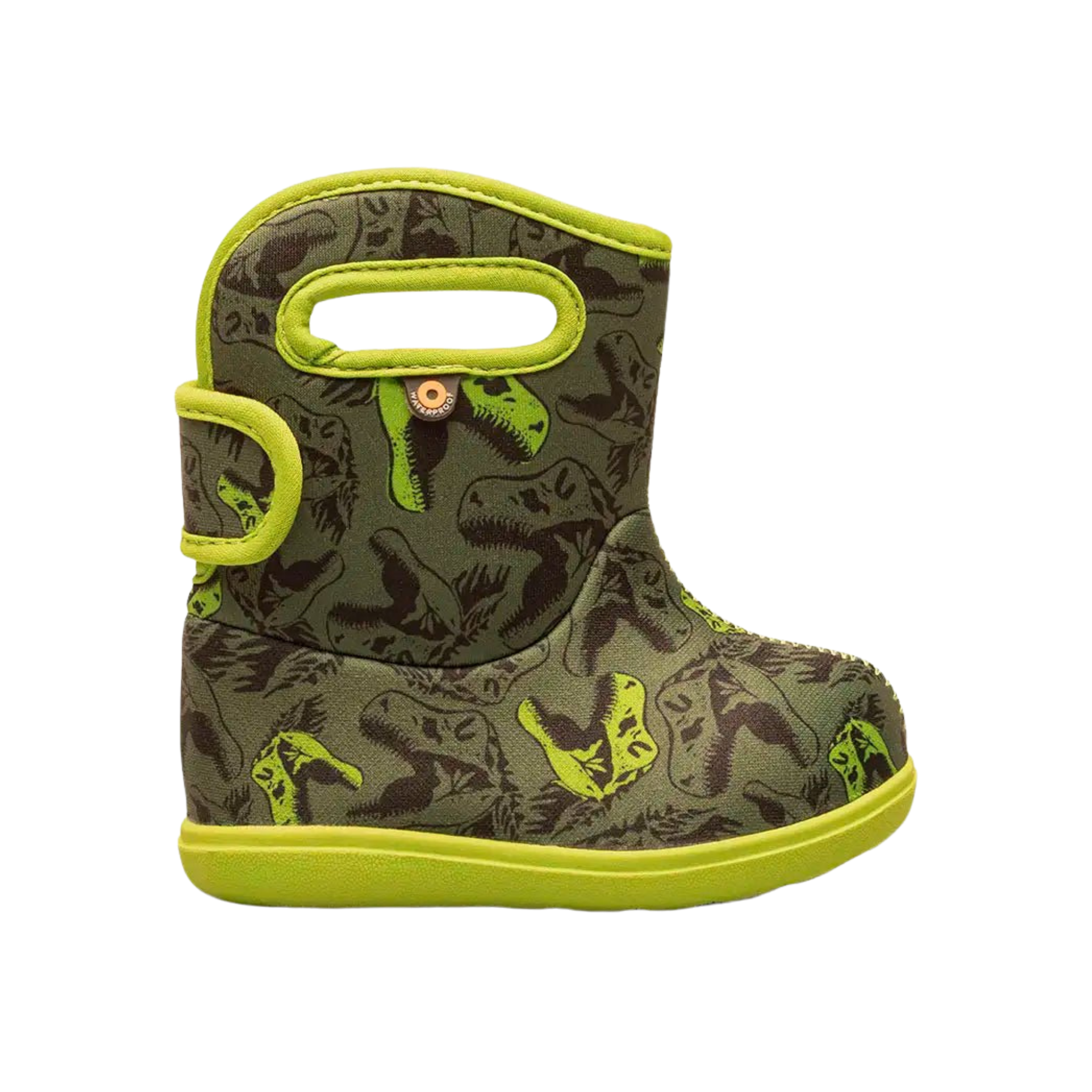 BOGS waterproof rain boots in Dino Dark Green Multi, suited for kids in Whistler