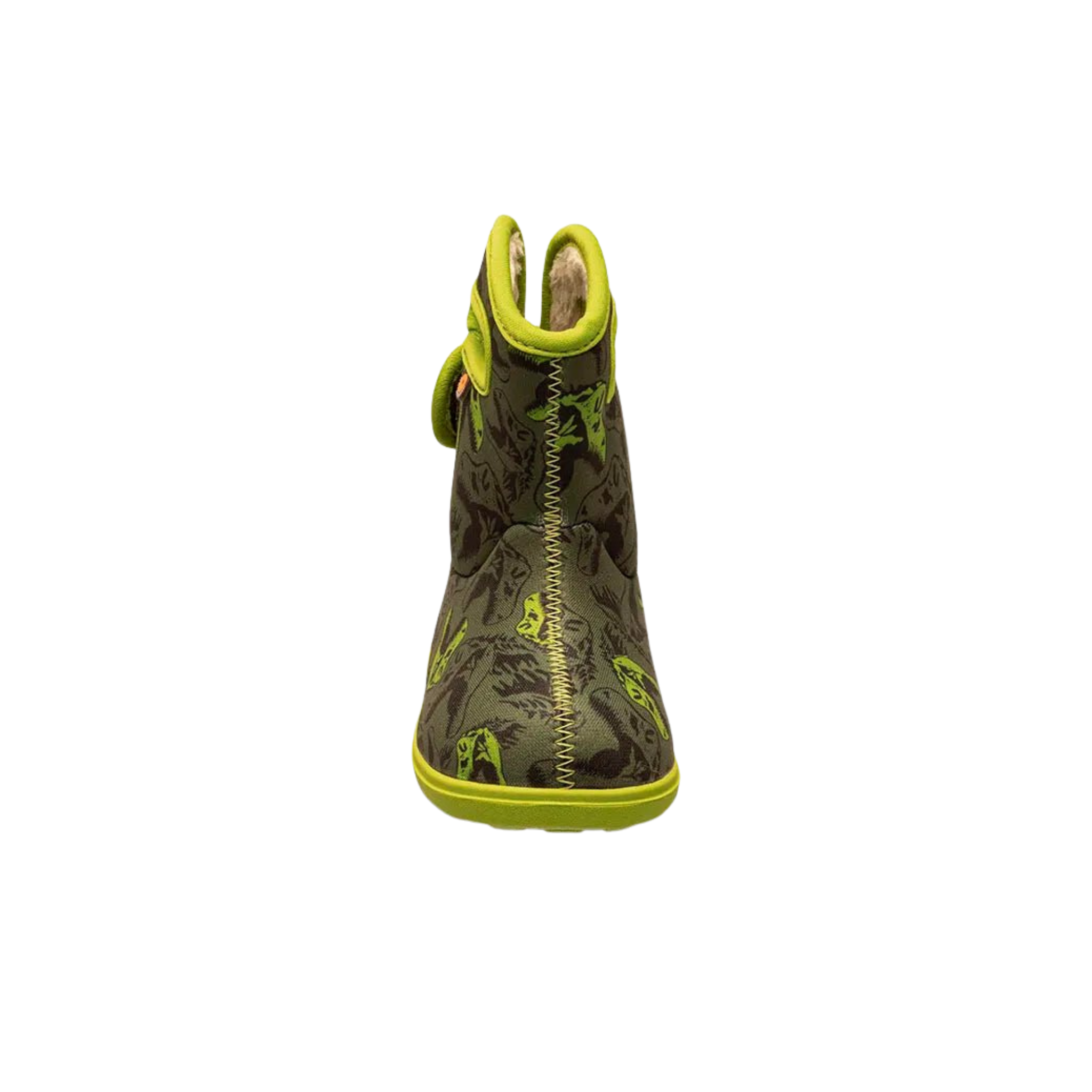 Front view of BOGS waterproof kids rain boots in Dino Dark Green Multi