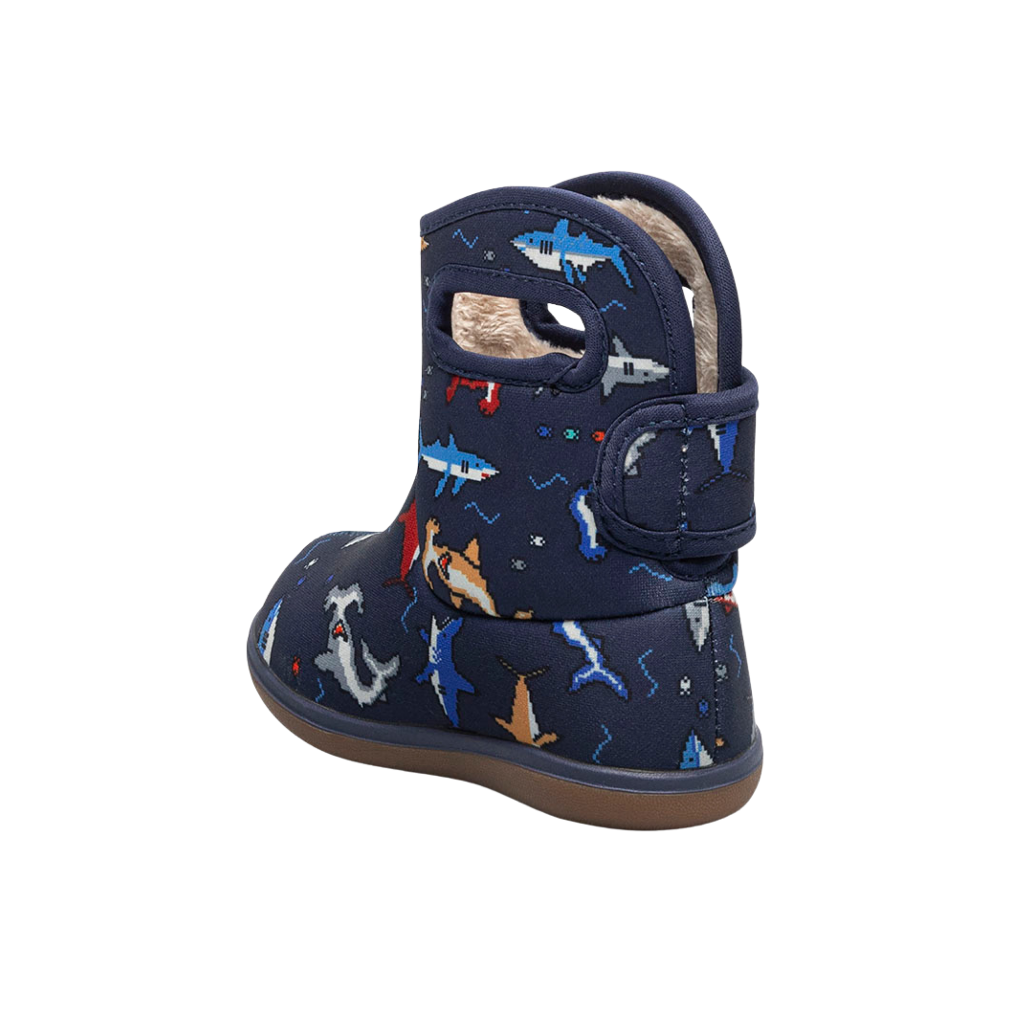 Rear view of BOGS waterproof rain boots in Shark design showing the boot opening