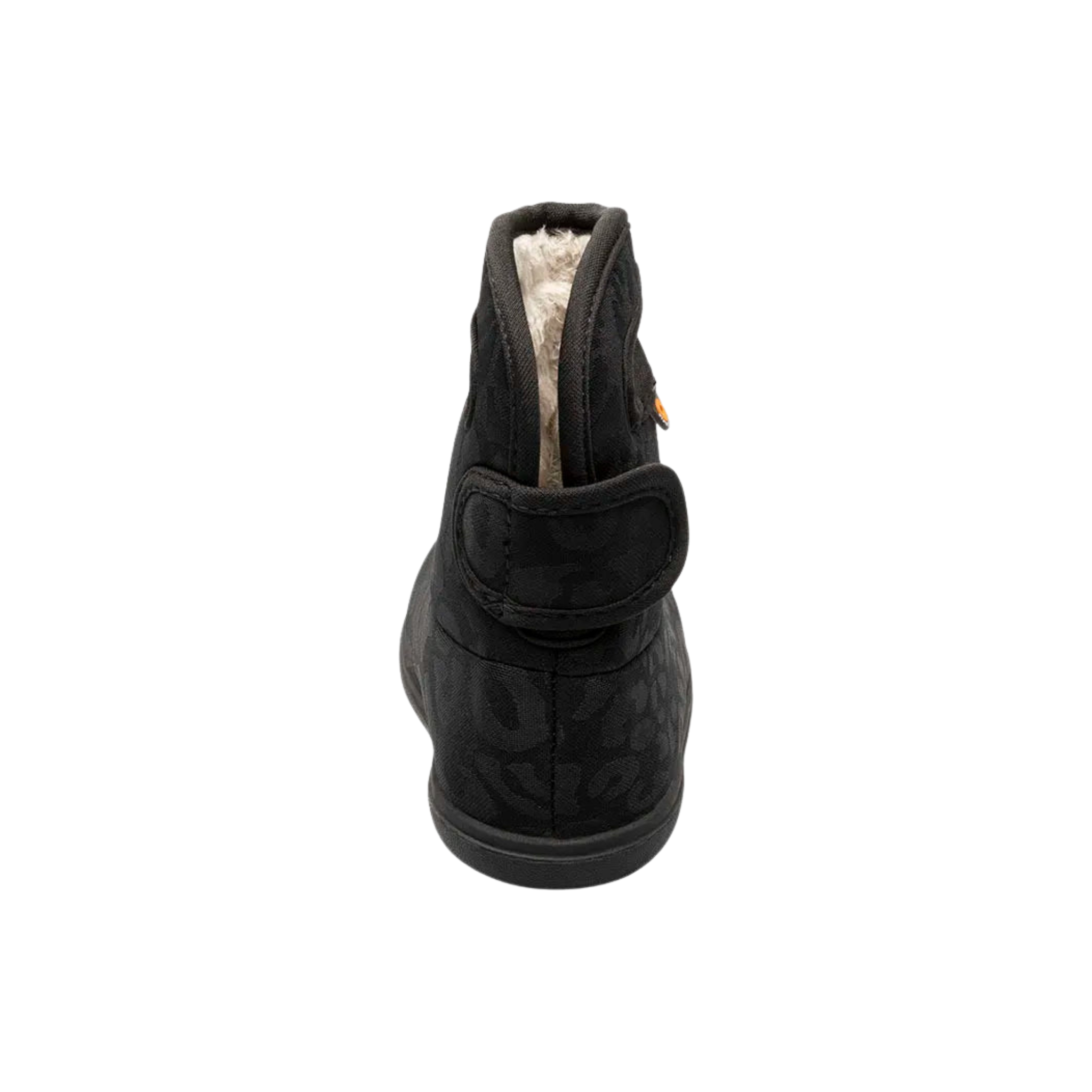 Rear view of BOGS waterproof rain boots in Tonal Leopard showing the boot opening