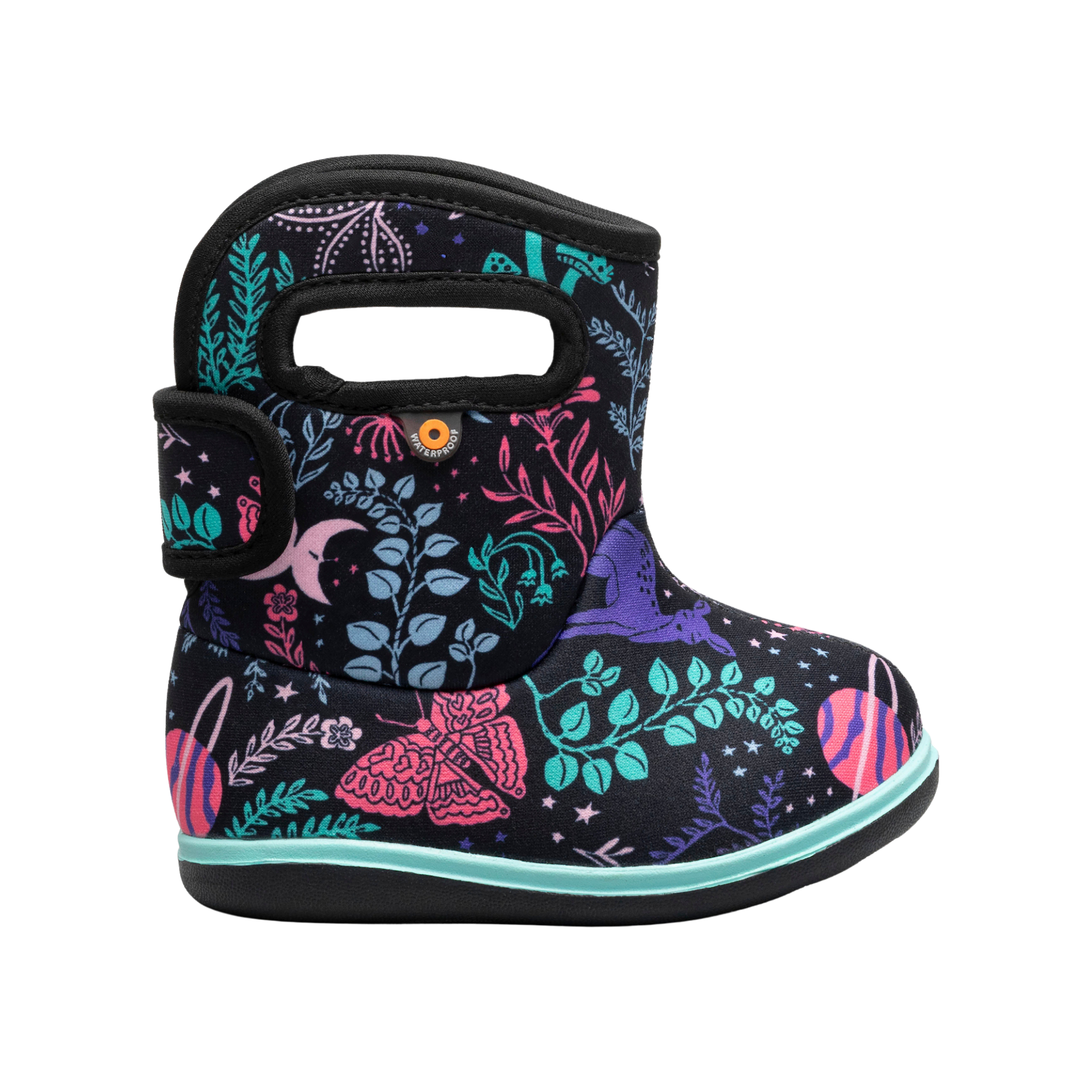 Baby BOGS II waterproof rain boots in Cosmic Forest design, suited for babies in Whistler