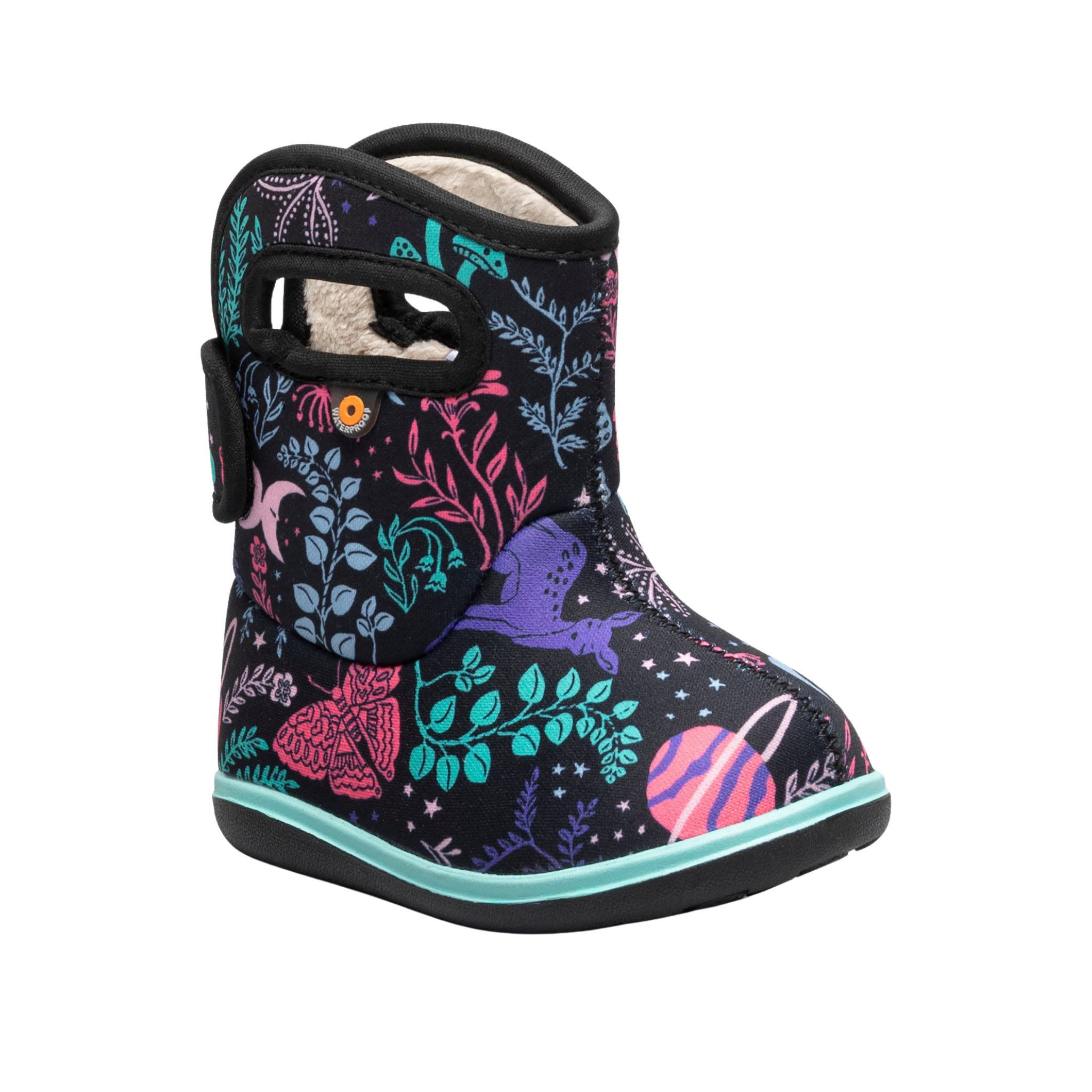 Front view of Baby BOGS II waterproof rain boots in Cosmic Forest design