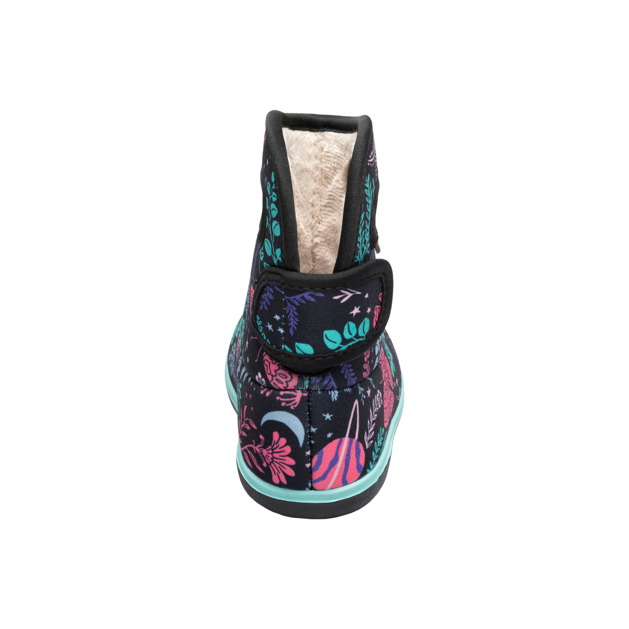 Rear view of Baby BOGS II rain boots in Cosmic Forest design showing hook-and-loop back strap