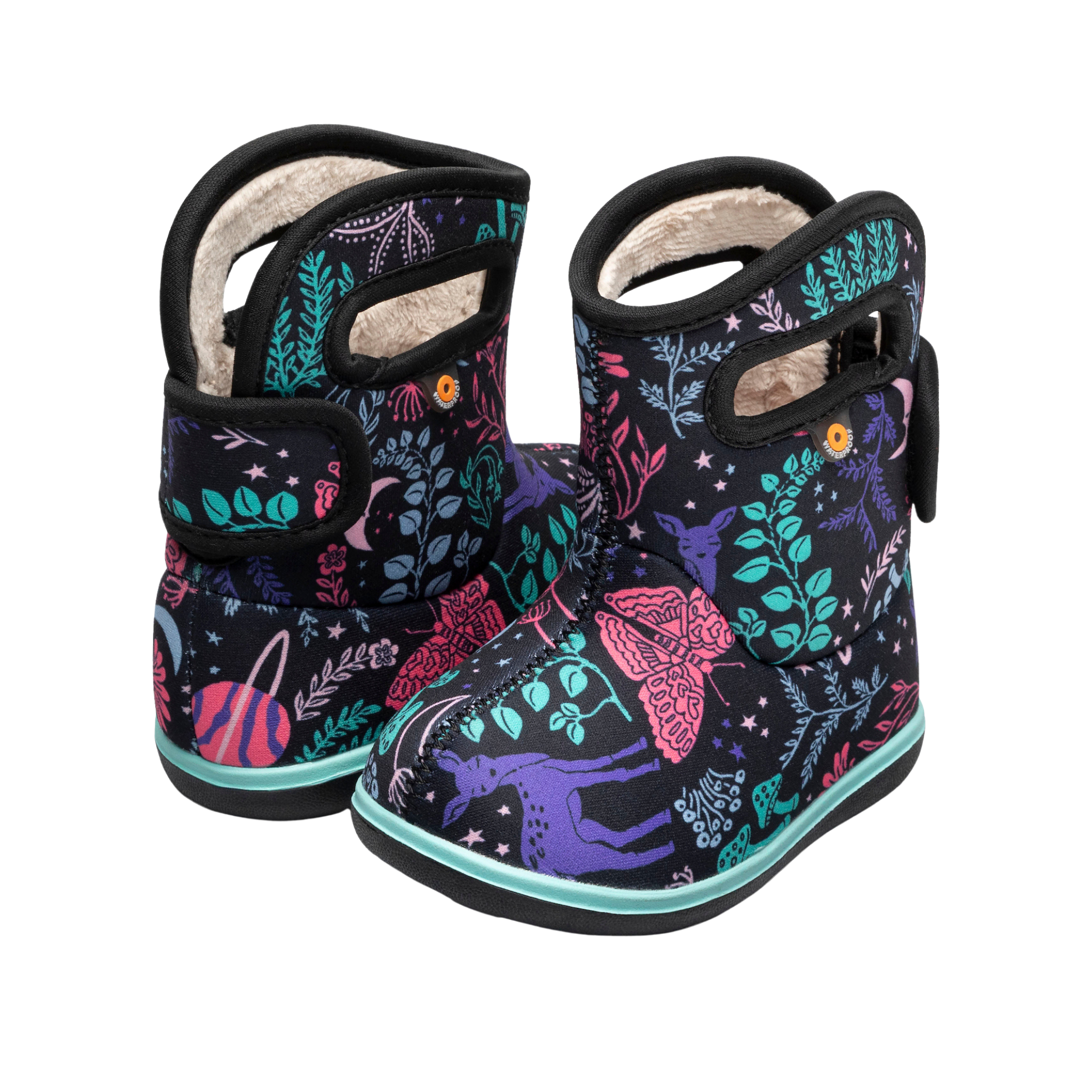 Top view of Baby BOGS II rain boots in Cosmic Forest design showing faux-fur lining