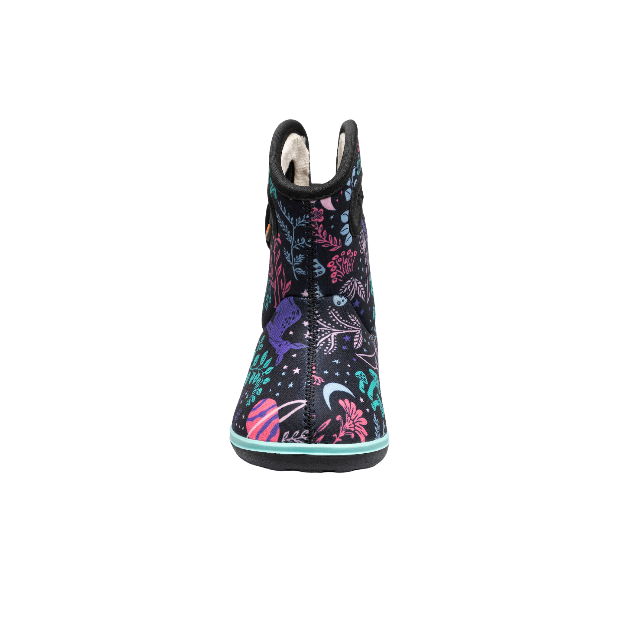 Front view of Baby BOGS II waterproof rain boots in Cosmic Forest design