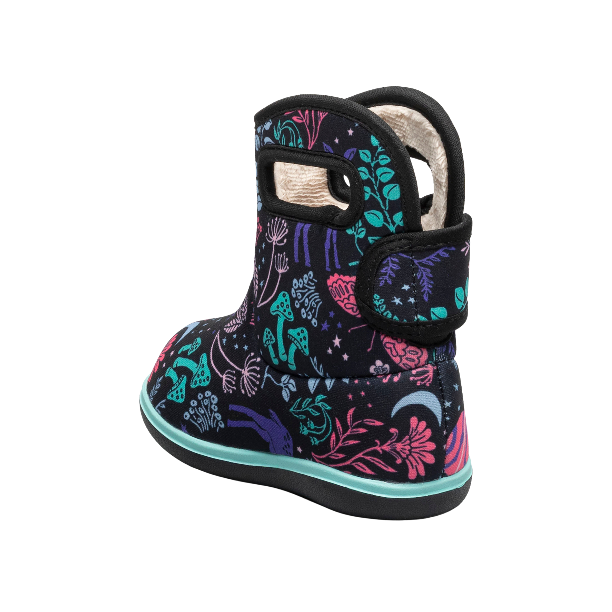 Rear view of Baby BOGS II rain boots in Cosmic Forest design showing hook-and-loop back strap