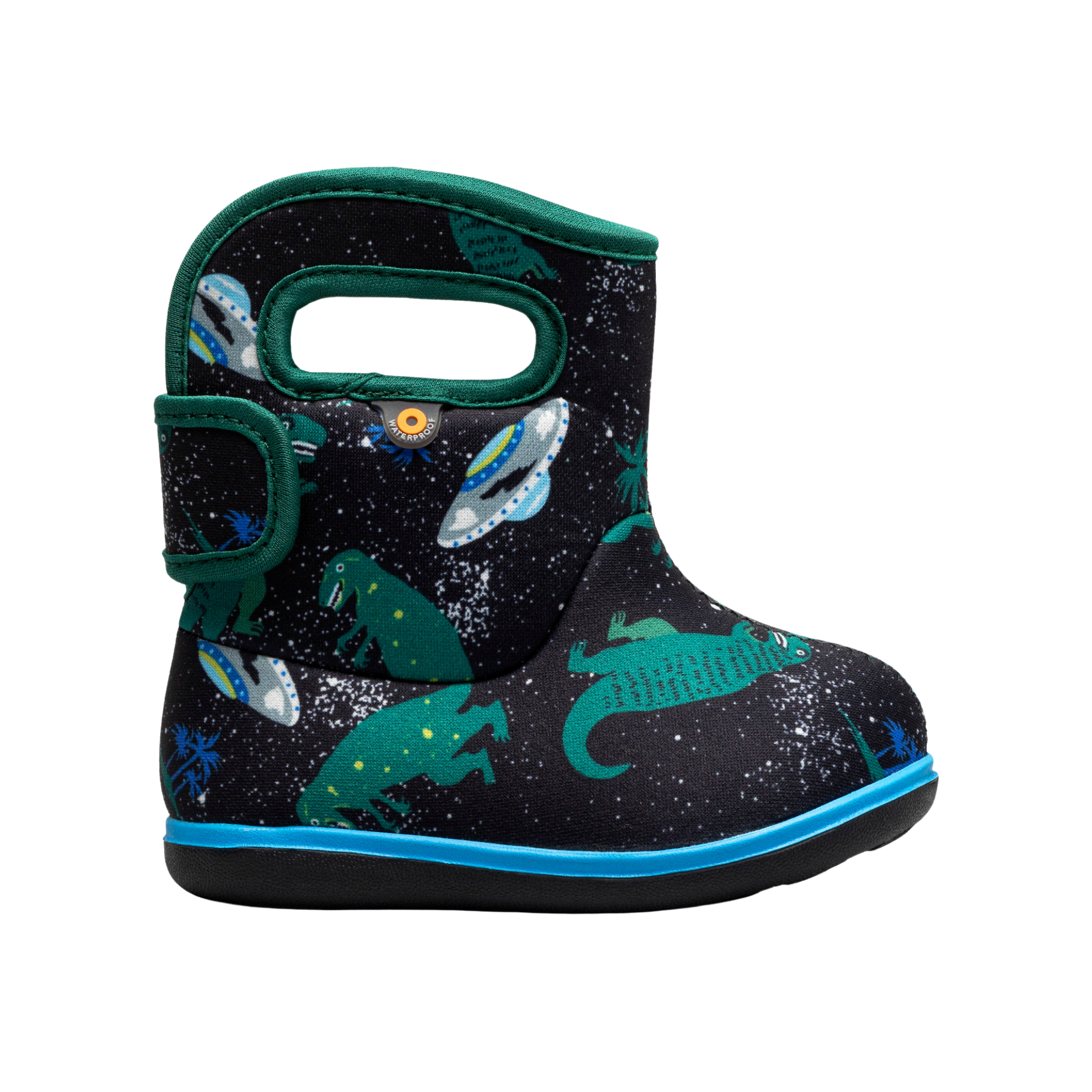 Baby BOGS II waterproof rain boots in Jurassic Dino design, suited for babies in Whistler