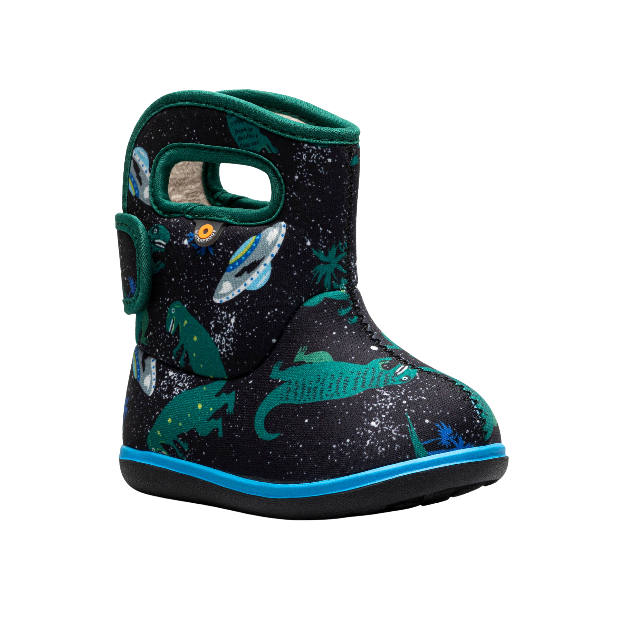 Front view of Baby BOGS II waterproof rain boots in Jurassic Dino design