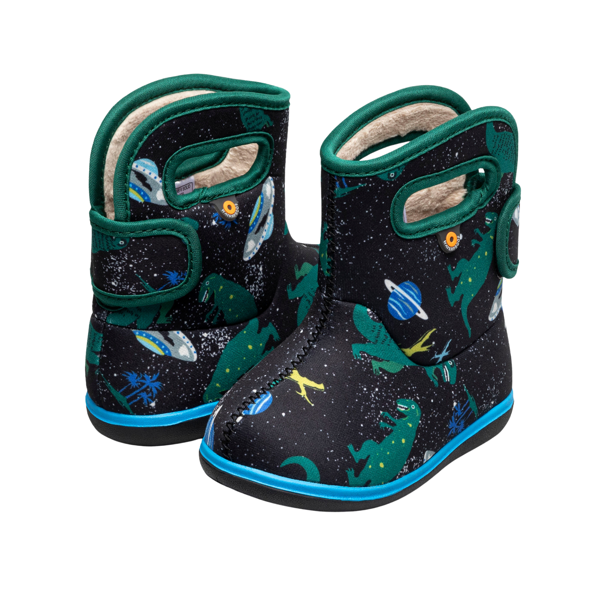 Top view of Baby BOGS II rain boots in Jurassic Dino design showing faux-fur lining