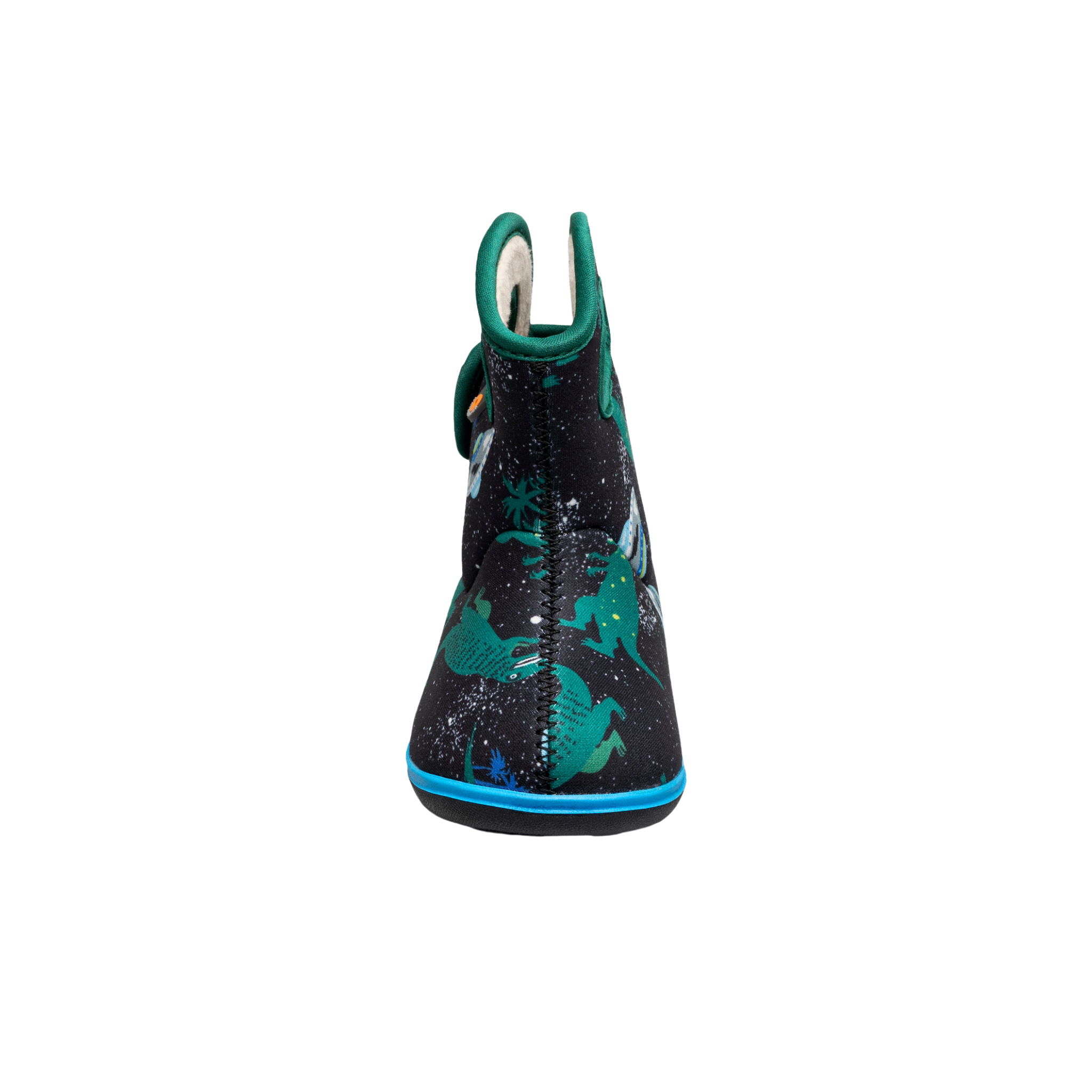 Front view of Baby BOGS II waterproof rain boots in Jurassic Dino design