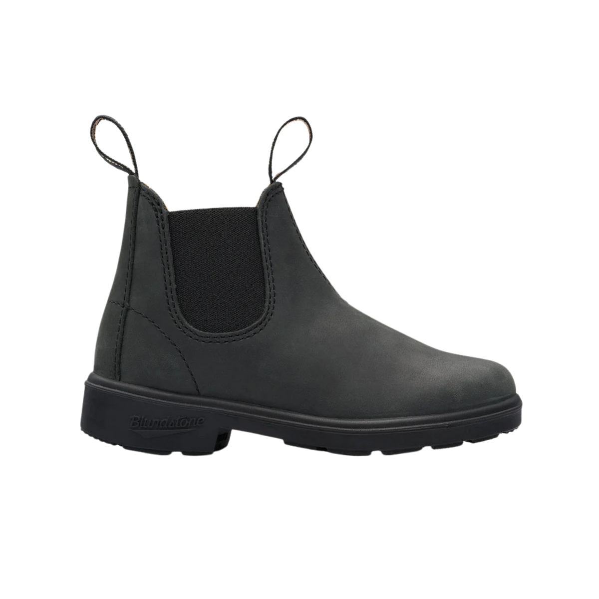 Blundstone Kids Boots in Rustic Black (1325) design with premium water-resistant leather, elastic side panels, polyurethane soles and convenient pull tabs