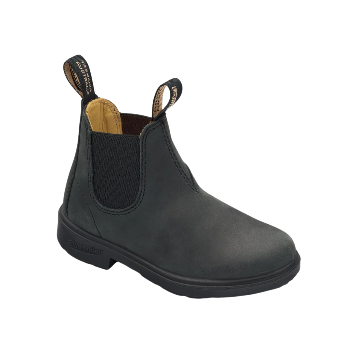 Front view of Blundstone Kids Chelsea boot in Rustic Black (1325) design showing premium leather upper and classic everyday boot styling