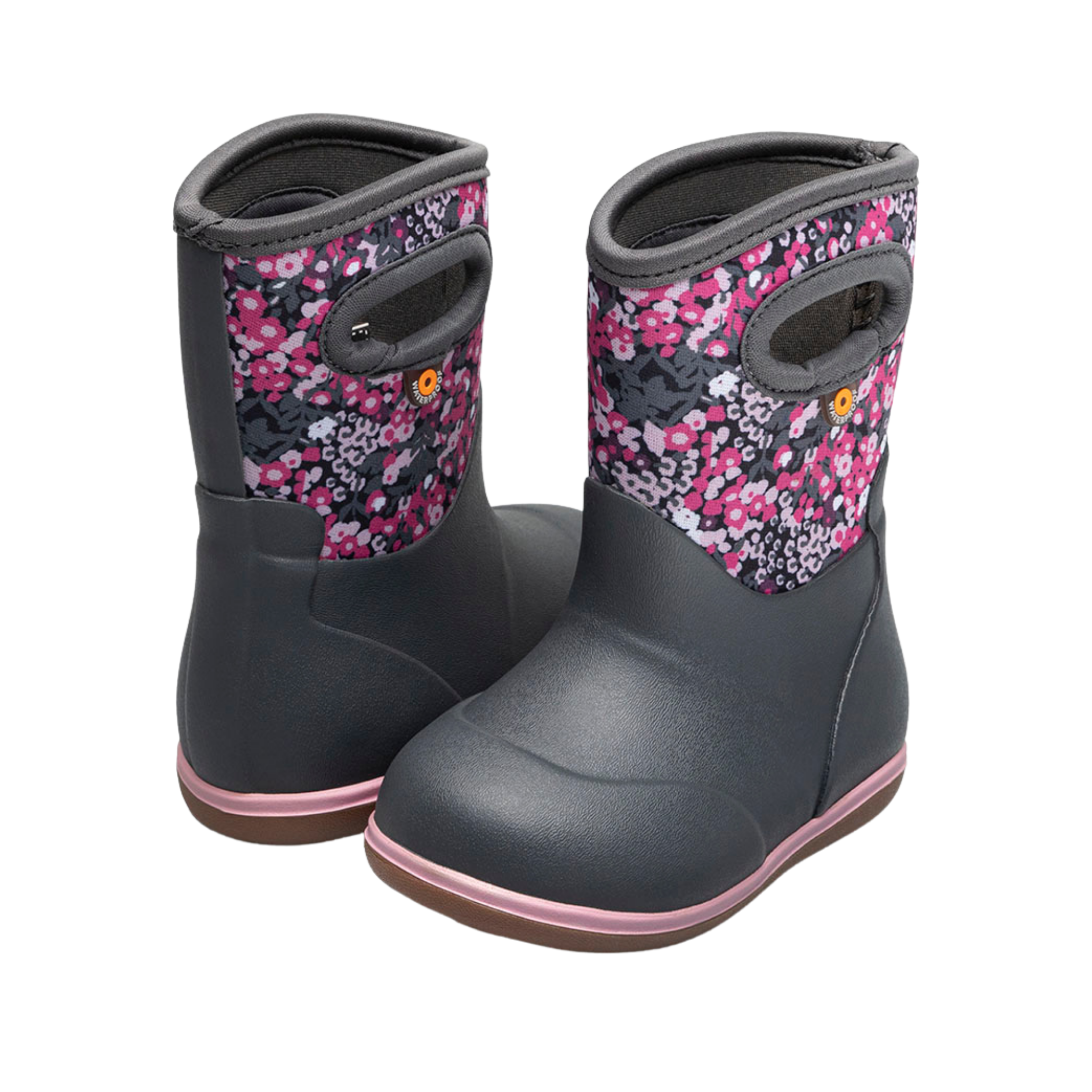 Side profile of BOGS Classic Toddler waterproof insulated rain boots with Impressionist Floral design