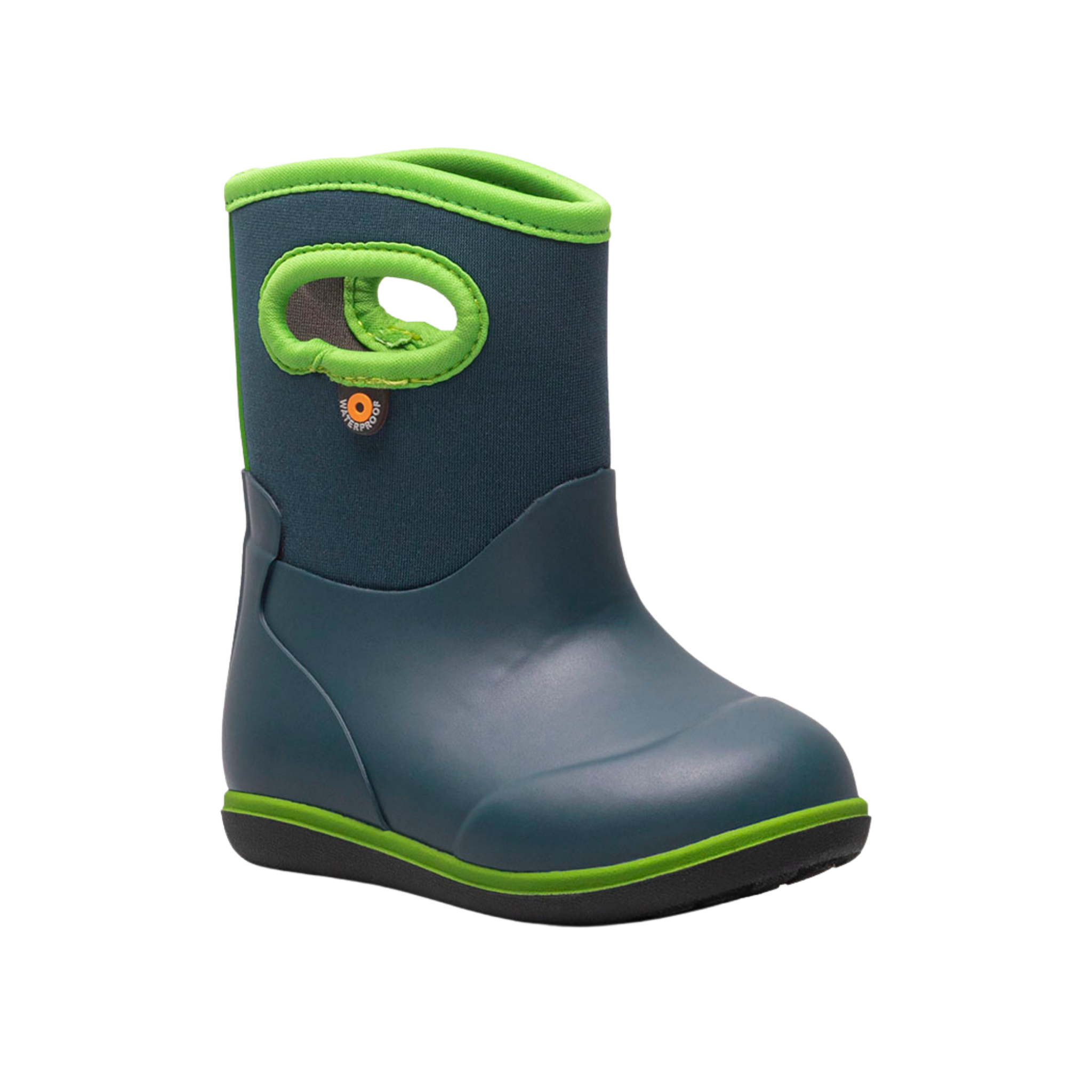Side profile of BOGS Classic Toddler waterproof insulated rain boots in Navy Multi