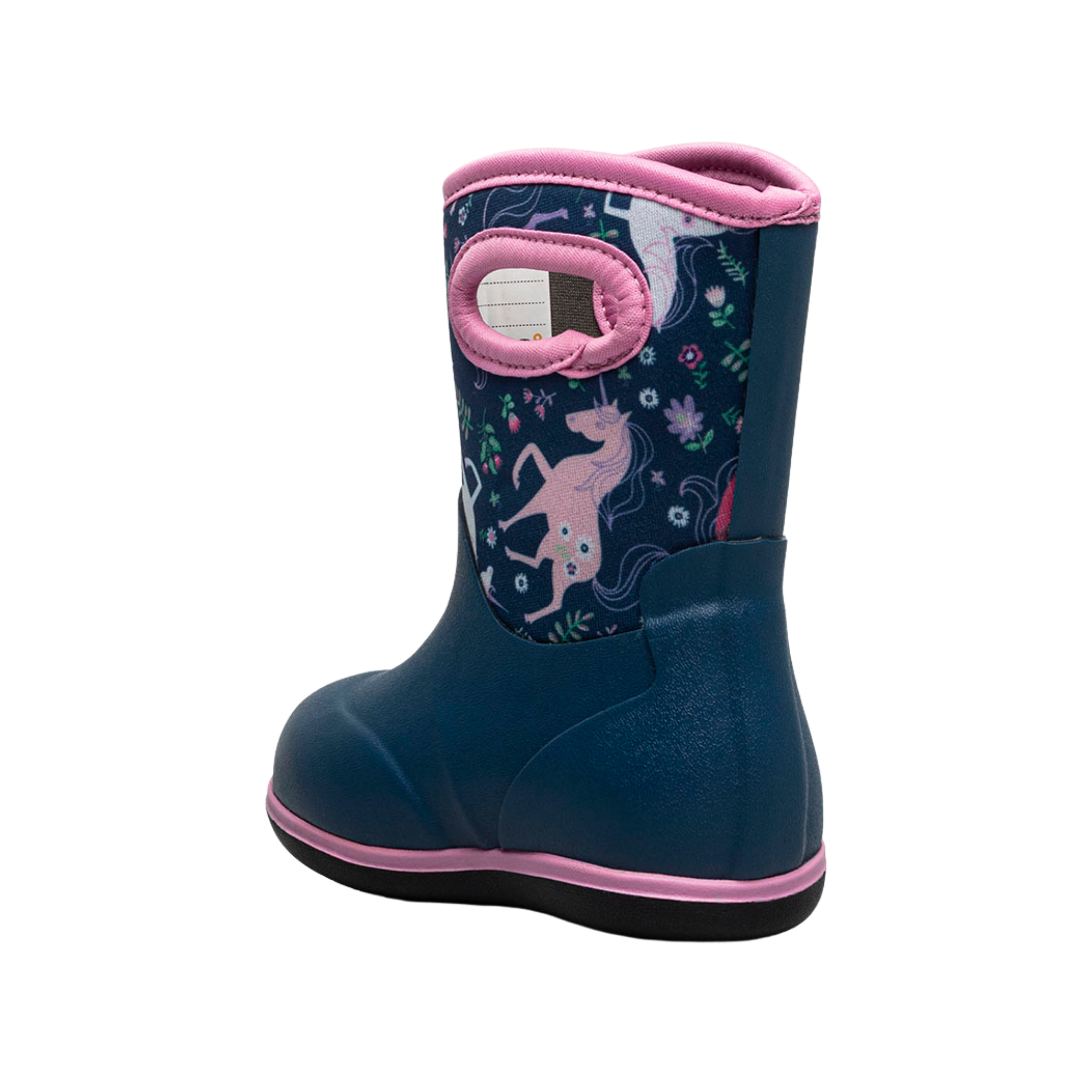 Rear view of BOGS Classic Toddler rain boots in Unicorn Meadows design