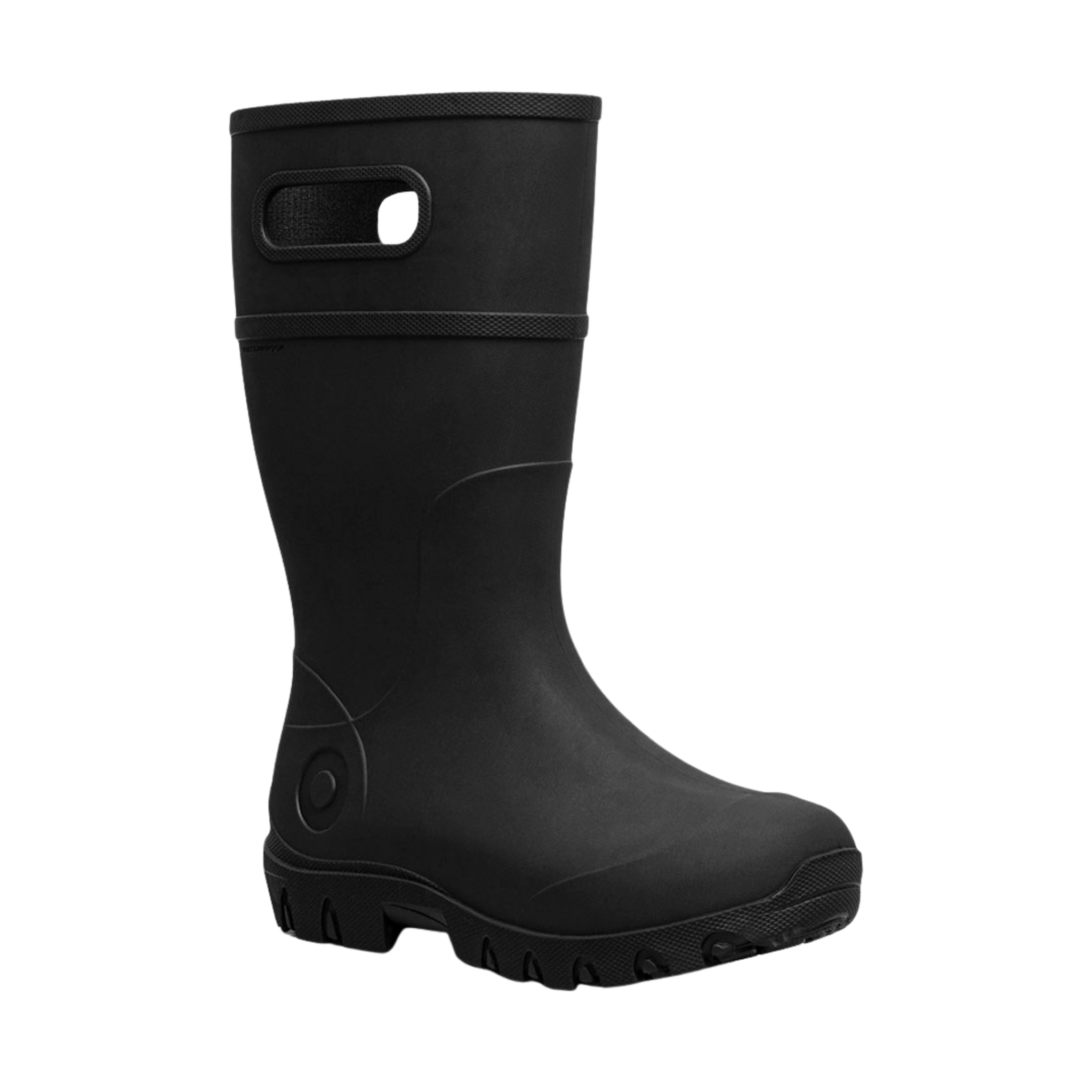 Side profile of BOGS Kids Essential Tall rain boots in Black with lightweight seamless construction