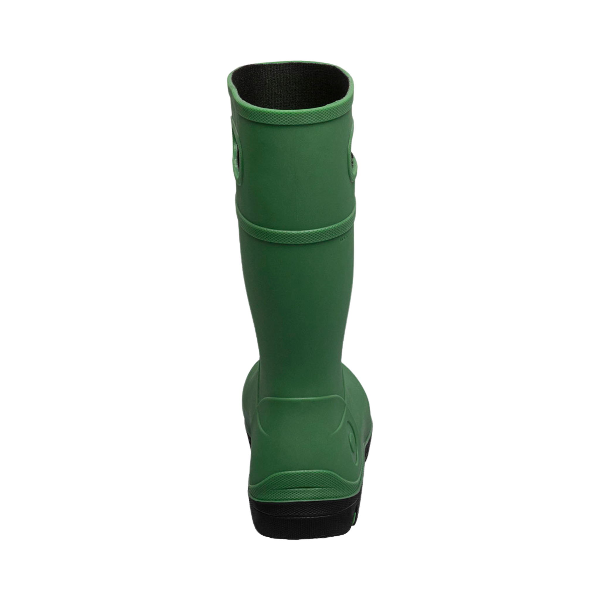Rear view of BOGS Kids Essential Tall rain boots in Grass color showing pull-on handles