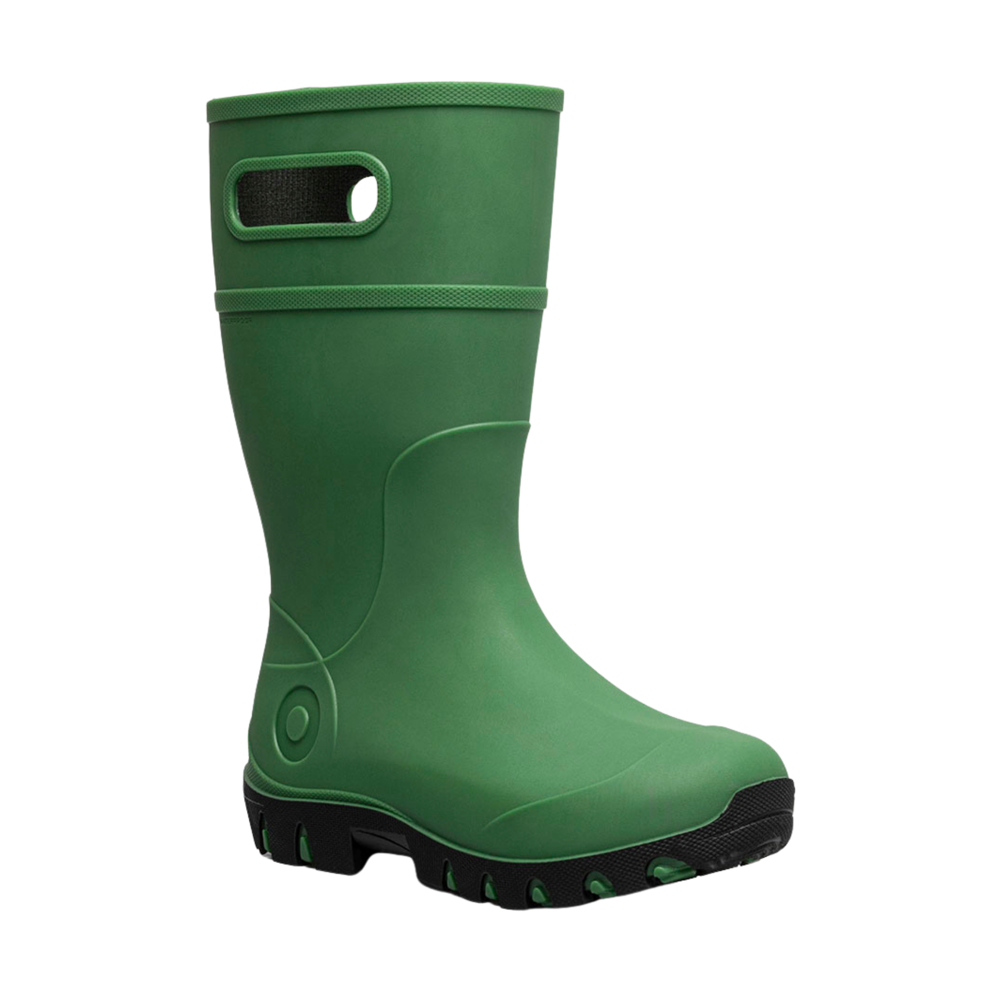 Side profile of BOGS Kids Essential Tall rain boots in Grass color with lightweight seamless construction