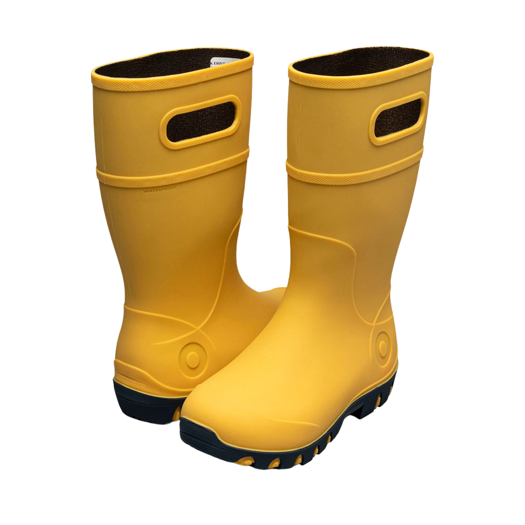 Side profile of BOGS Kids Essential Tall rain boots in Mustard color with lightweight seamless construction