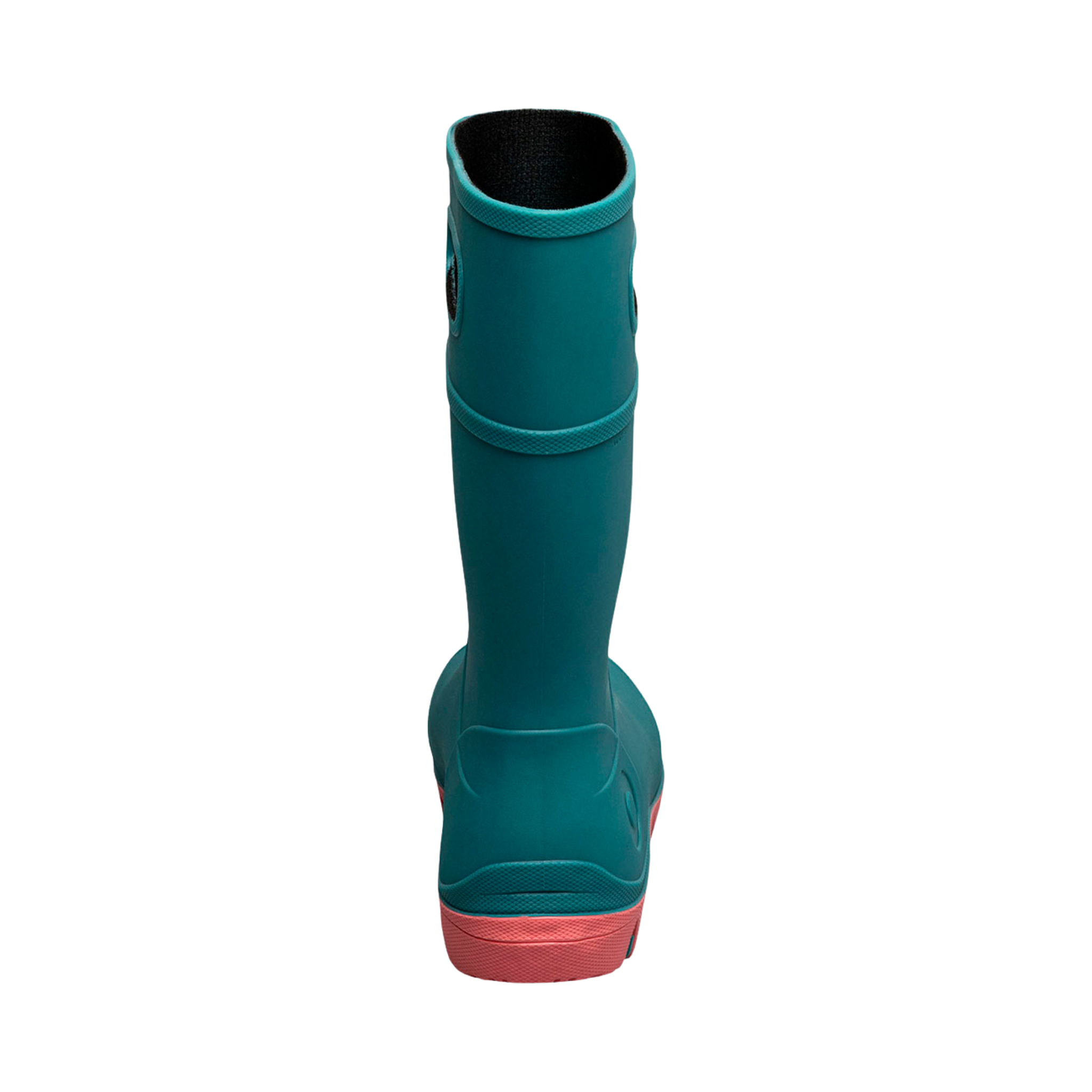 Rear view of BOGS Kids Essential Tall rain boots in Turquoise showing pull-on handles