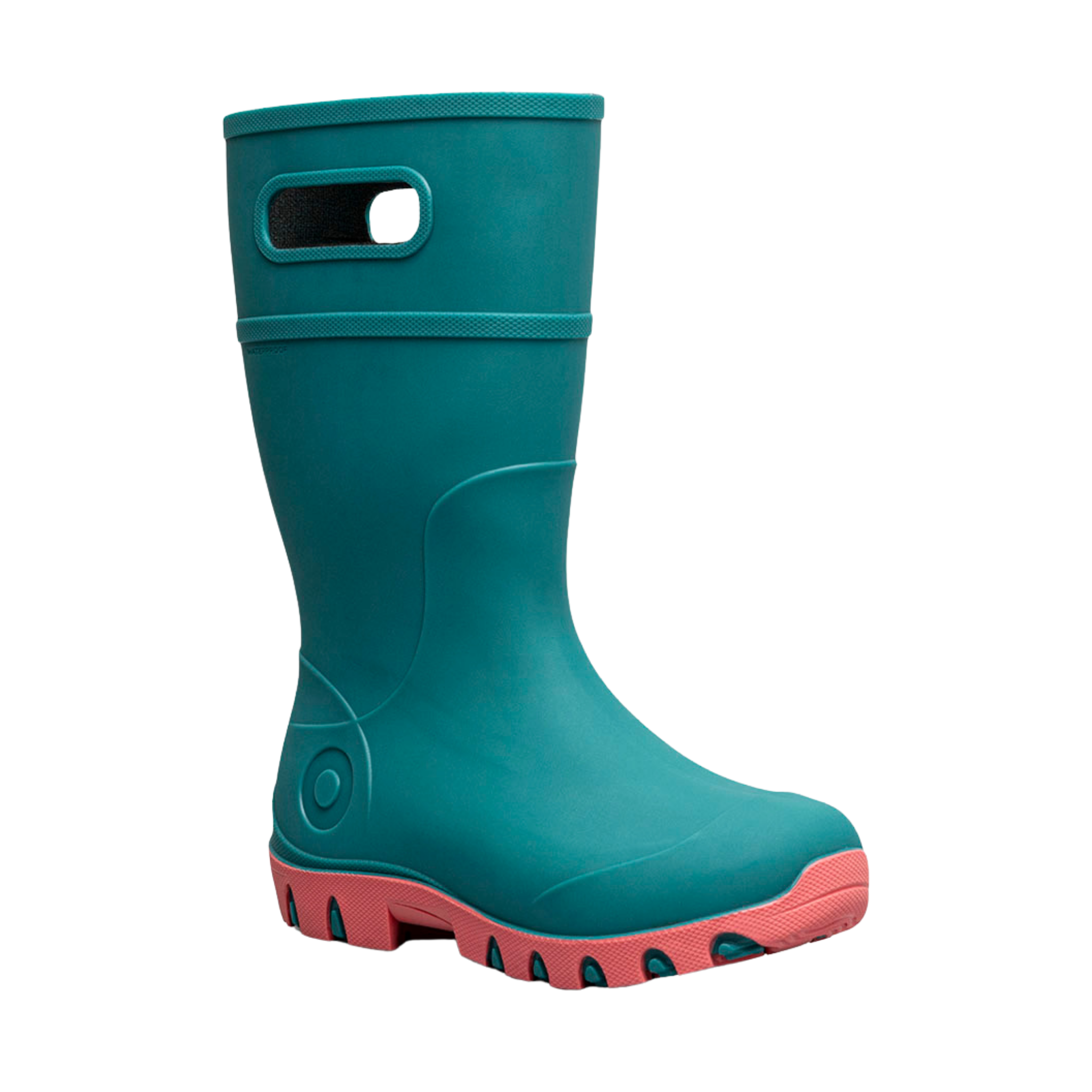 Side profile of BOGS Kids Essential Tall rain boots in Turquoise with lightweight seamless construction