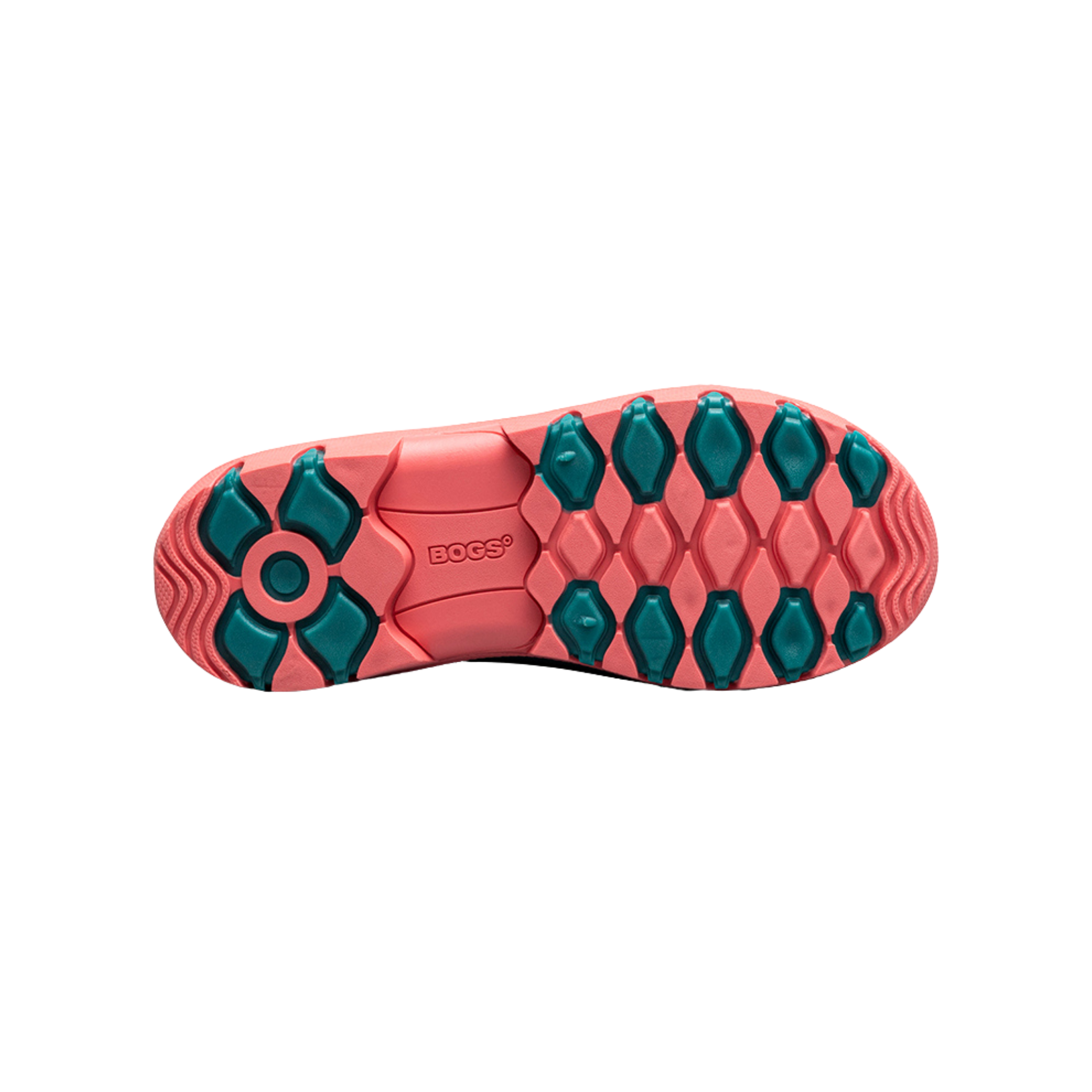 Bottom sole of BOGS Kids Essential Tall rain boots in Turquoise with durable traction outsole