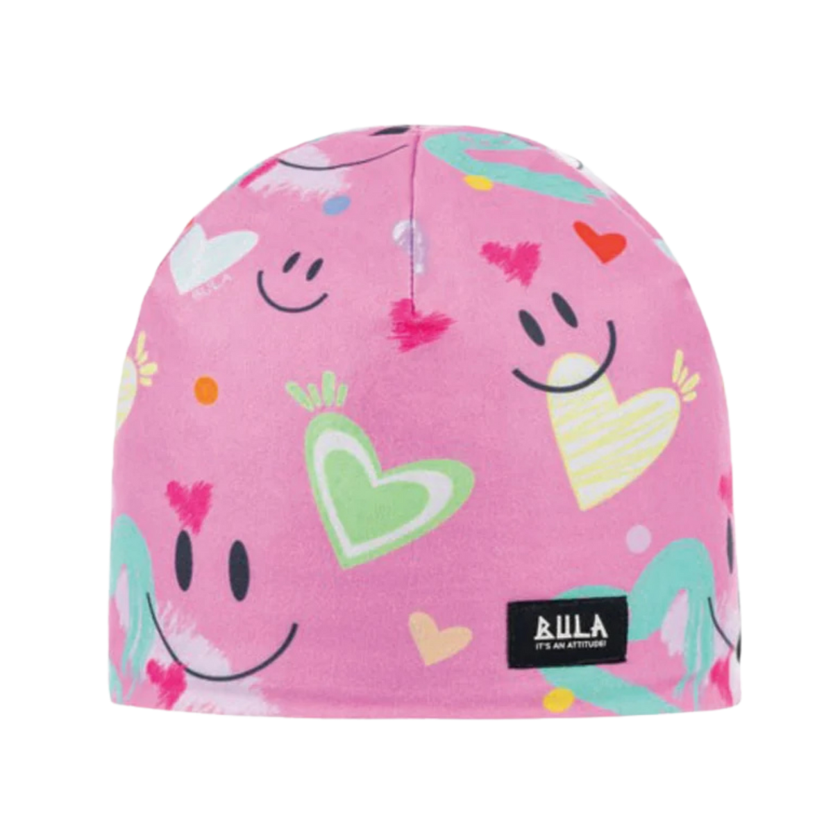 Bula Kids' Therma Fleece Beanie in Happy design with reversible design, recycled polyester micro-fleece lining, four-way stretch and UPF 50+ protection