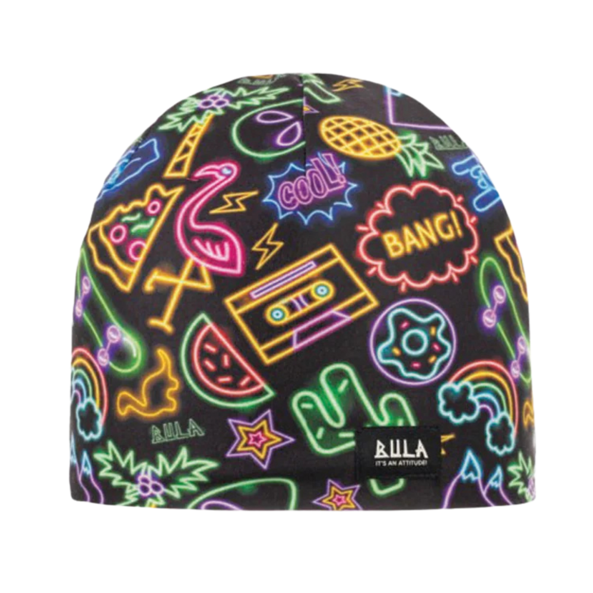 Bula Kids' Therma Fleece Beanie in Neon design with reversible design, recycled polyester micro-fleece lining, four-way stretch and UPF 50+ protection