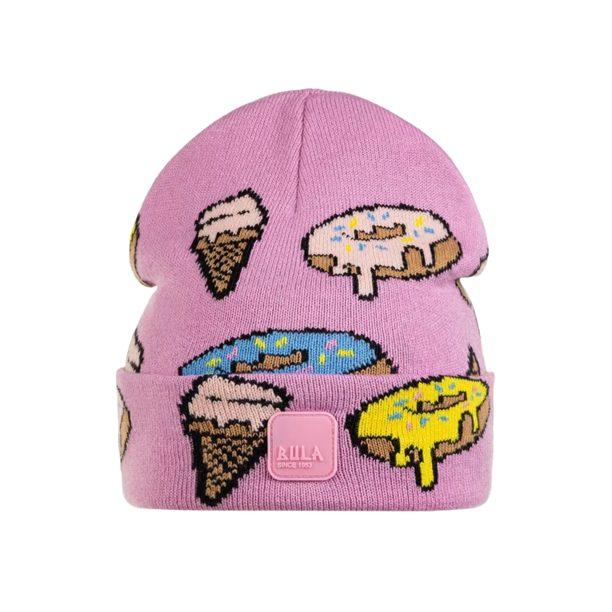 Bula Kids Yummy Beanie in Orchid design featuring colorful food-themed graphics, soft stretchy fabric and warm double-layer construction