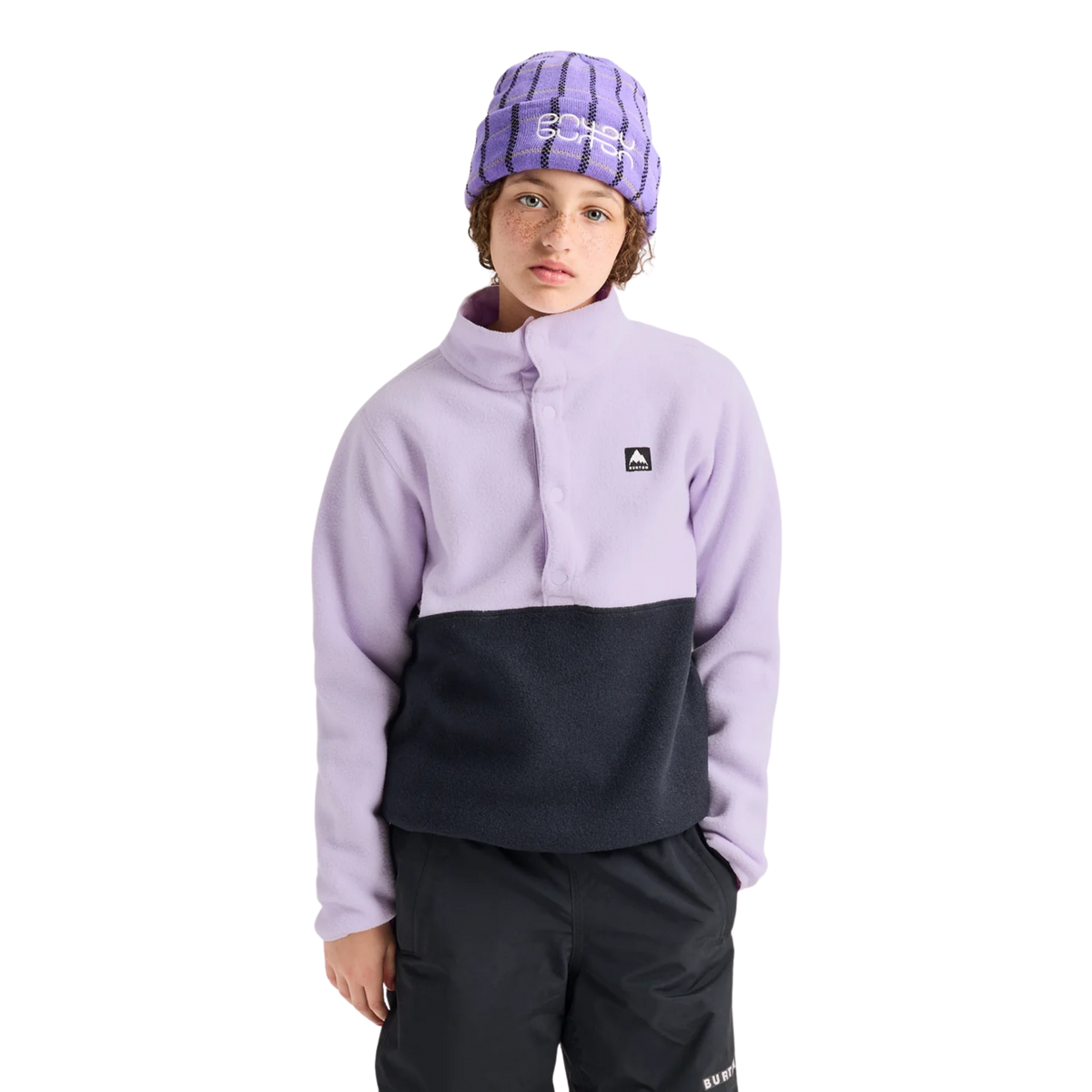 Front view of Burton Kids Cinder Fleece Anorak in Moondust Purple / True Black with 255GSM recycled polar fleece, reinforced snap placket and regular fit
