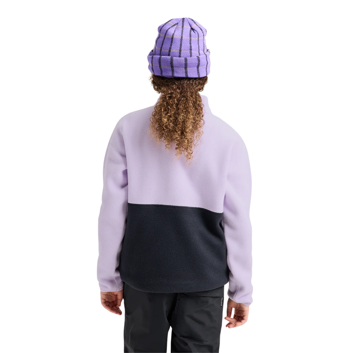 Rear view of Burton Kids Cinder Fleece Anorak in Moondust Purple / True Black with soft recycled polyester polar fleece and comfortable regular fit
