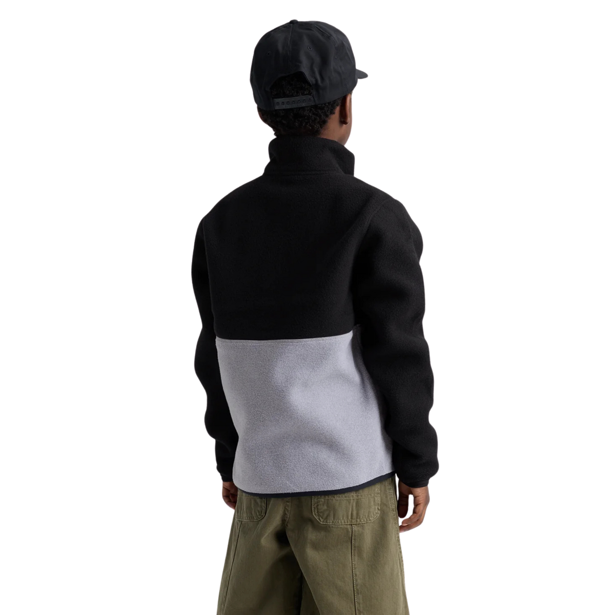 Rear view of Burton Kids Cinder Fleece Anorak in True Black / Grey Heather with soft recycled polyester polar fleece and comfortable regular fit