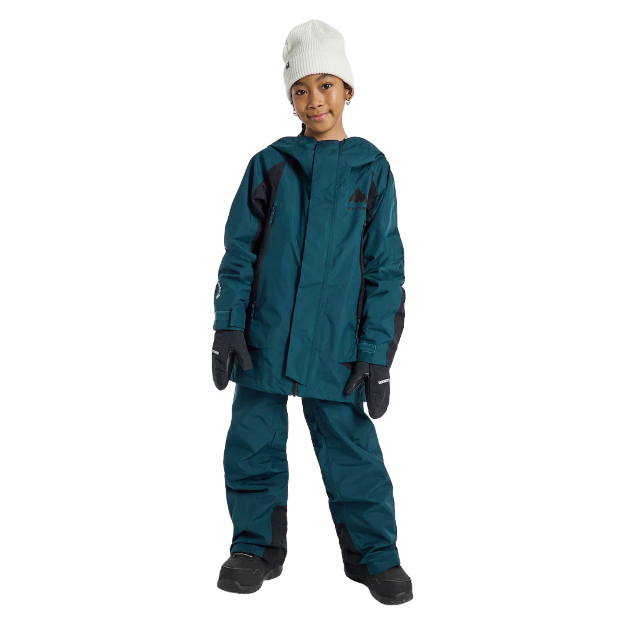 Front view of Burton Kids GORE-TEX Shell Jacket in Deep Emerald / True Black color combination with waterproof 2-layer construction and YKK zippers