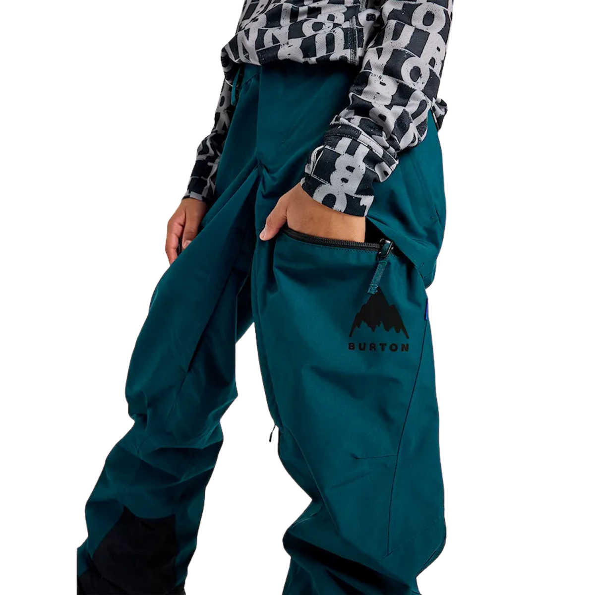 Side view of Burton Kids GORE-TEX Shell Snow Pants in Deep Emerald with articulated knees, thigh vent and Room-To-Grow system