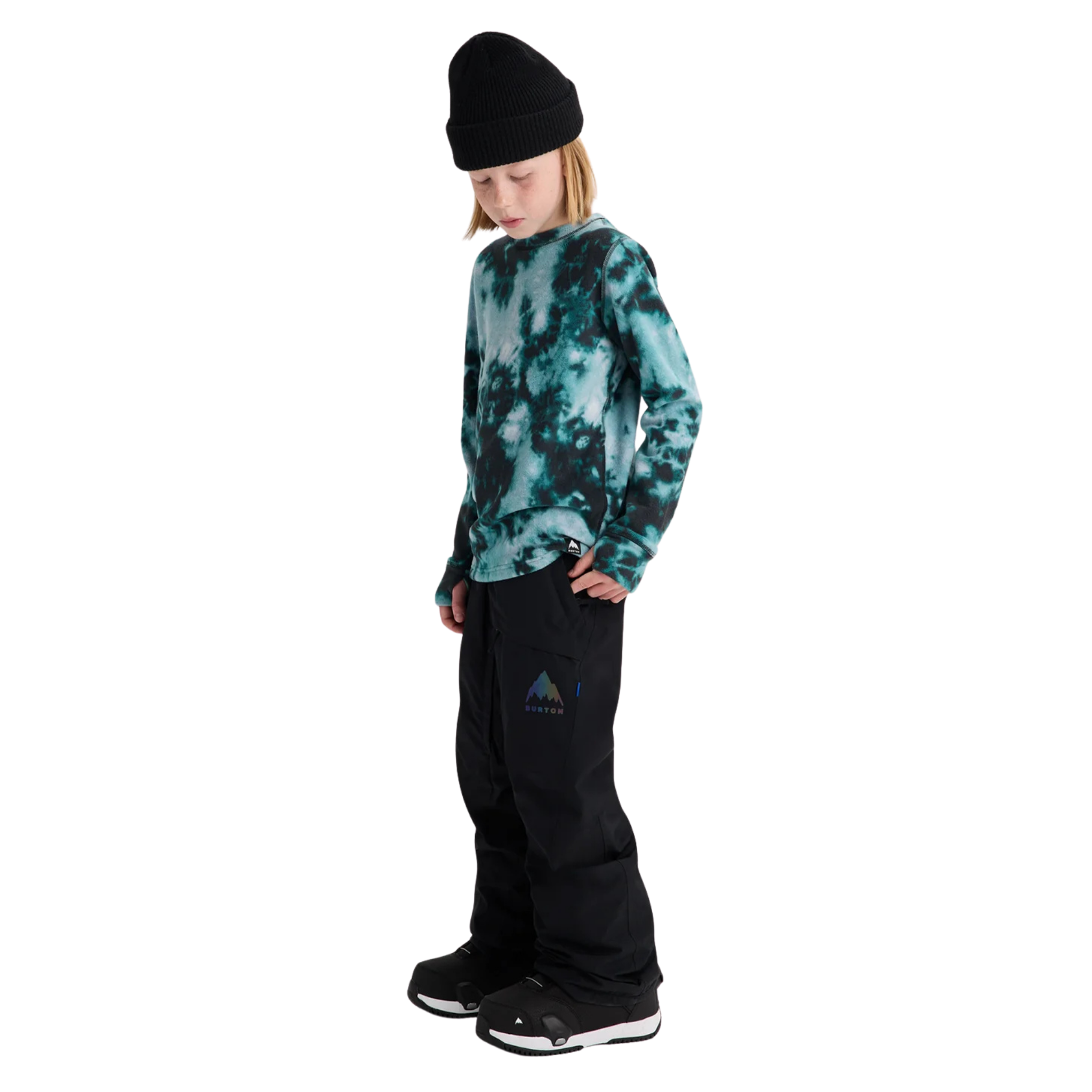 Side view of Burton Kids GORE-TEX Shell Snow Pants in True Black with articulated knees, thigh vent and Room-To-Grow system